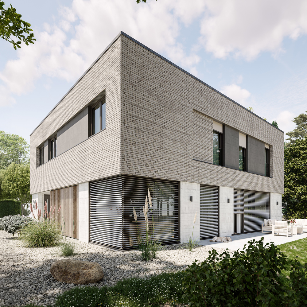 3D-Visualisierung eines modernen Einfamilienhauses mit großzügigem Garten und realitätsnaher Lichtstimmung