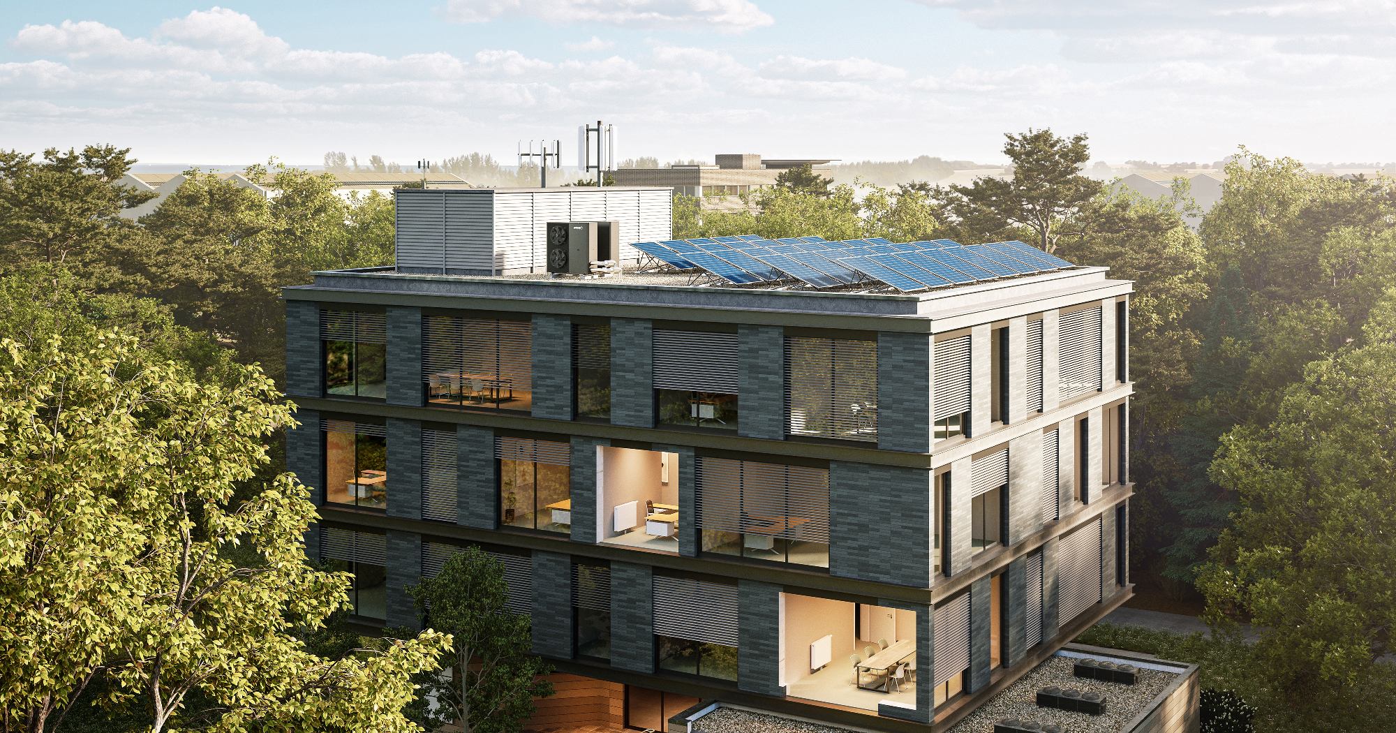 3D-Visualisierung der Haustechnik eines modernen Bürogebäudes mit Photovoltaikanlage und Wärmepumpensystem in technischer Darstellung