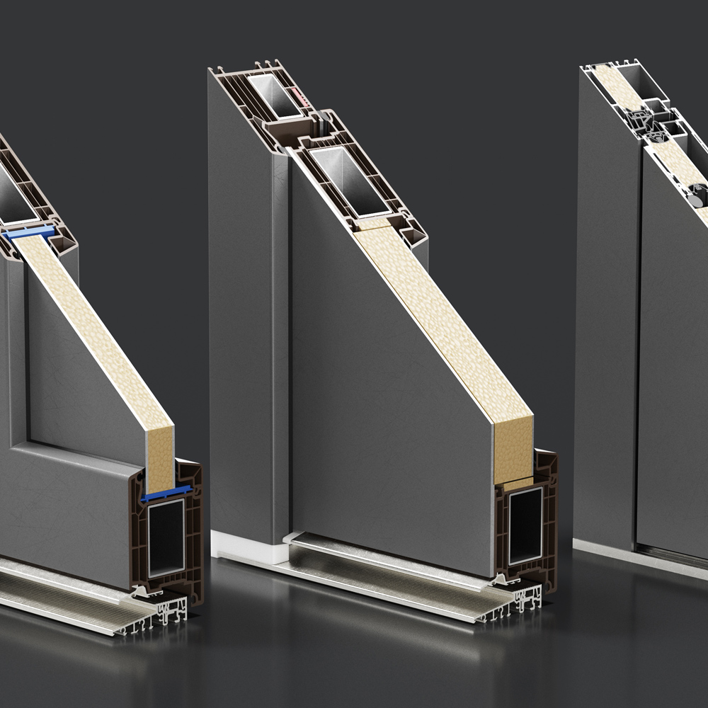 3D-Produktschnitt von Kunststofffenster-Profilen mit unterschiedlichen Füllungen und Bodenschienen zur Darstellung technischer Details