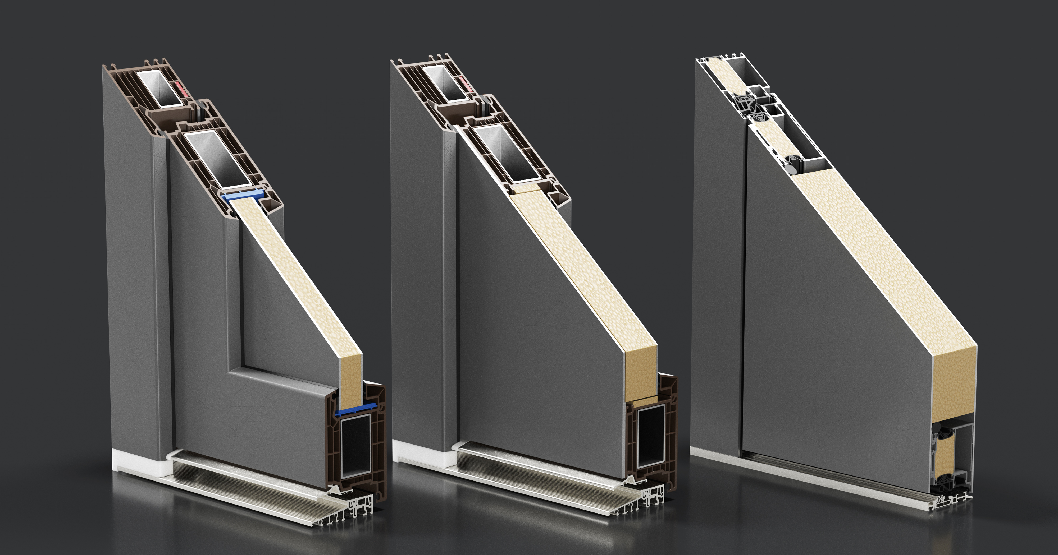 3D-Produktschnitt von Kunststofffenster-Profilen mit unterschiedlichen Füllungen und Bodenschienen zur Darstellung technischer Details