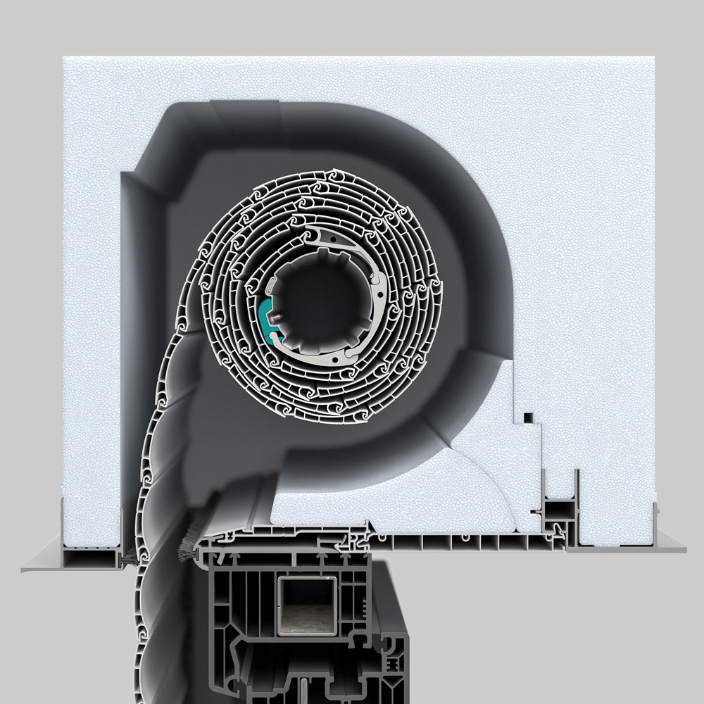 3D-Produktschnitt eines Rollladenkastens inklusive Fensterprofil zur technischen Veranschaulichung von Aufbau und Funktion