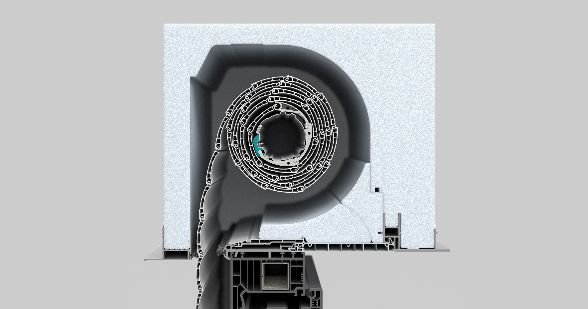 3D-Produktschnitt eines Rollladenkastens inklusive Fensterprofil zur technischen Veranschaulichung von Aufbau und Funktion