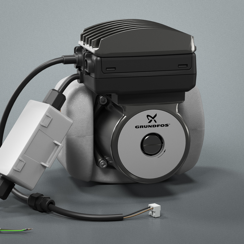 Fotorealistische 3D-Produktvisualisierung einer modernen Heizungspumpe mit Fokus auf Materialität und Detailtreue