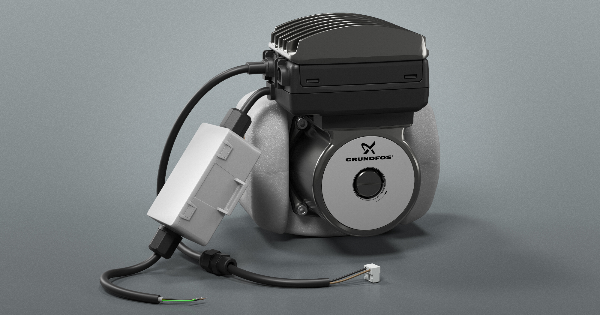 Fotorealistische 3D-Produktvisualisierung einer modernen Heizungspumpe mit Fokus auf Materialität und Detailtreue