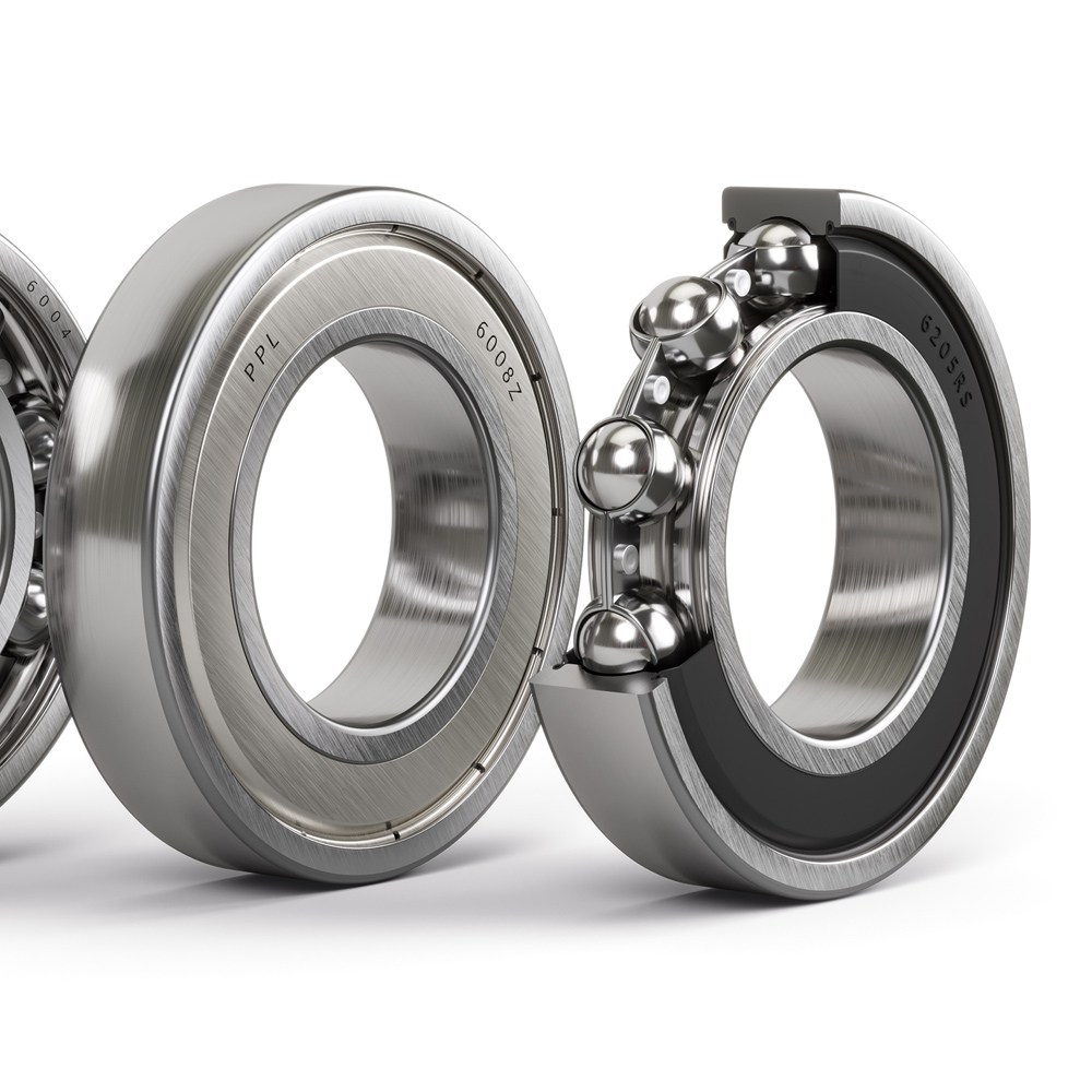 3D-Produktvisualisierung von drei verschiedenen Kugellagern mit Schnittdarstellung zur Veranschaulichung des inneren Aufbaus und der technischen Komponenten