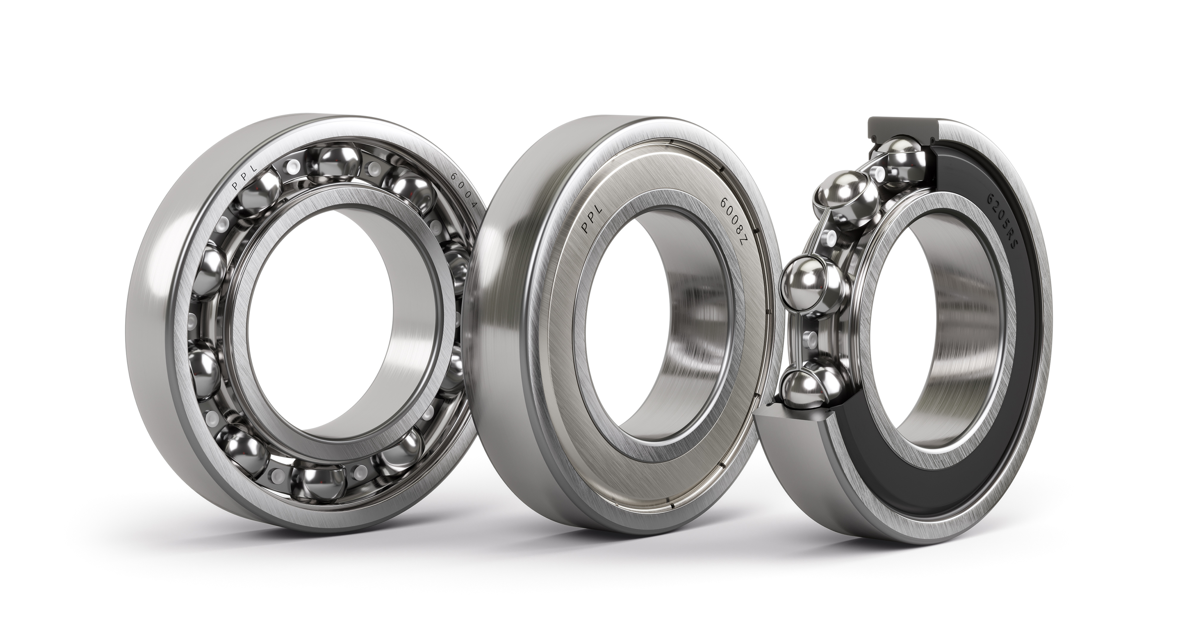 3D-Produktvisualisierung von drei verschiedenen Kugellagern mit Schnittdarstellung zur Veranschaulichung des inneren Aufbaus und der technischen Komponenten
