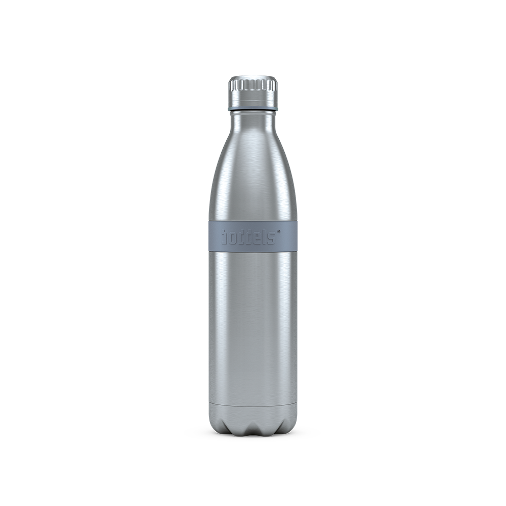 Das Bild zeigt die Trinkfalsche Boddels TWEE: eine Edelstahlflasche mit grauem Silikonring.
