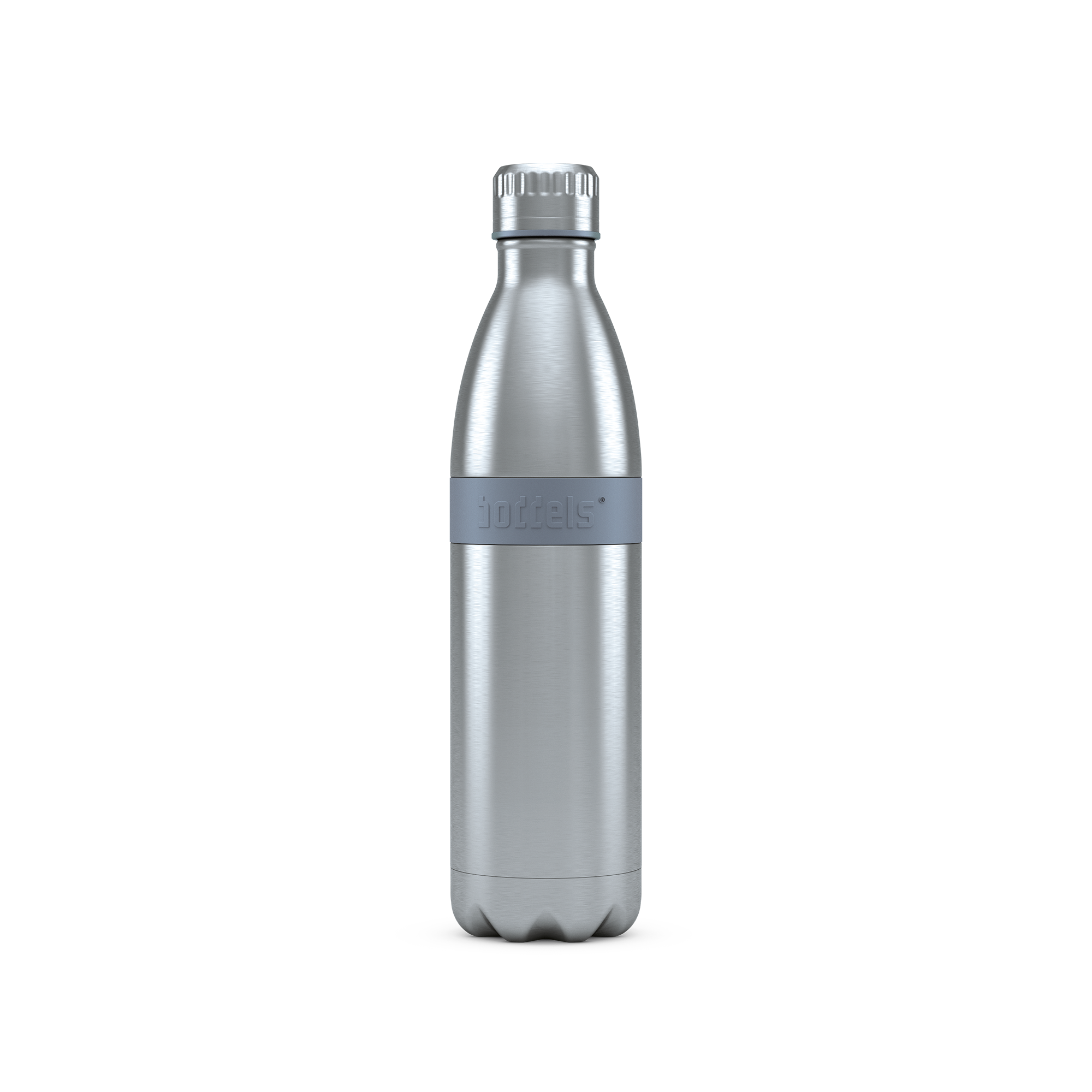 Das Bild zeigt die Trinkfalsche Boddels TWEE: eine Edelstahlflasche mit grauem Silikonring.