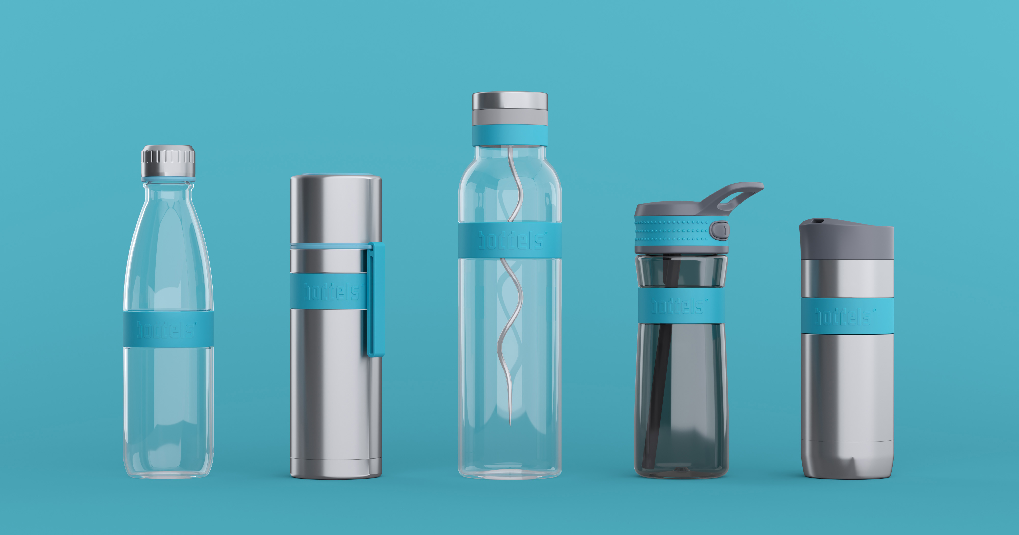 Das Foto zeigt unterschiedliche Boddels Trinkflaschen auf hellblauem Grund.