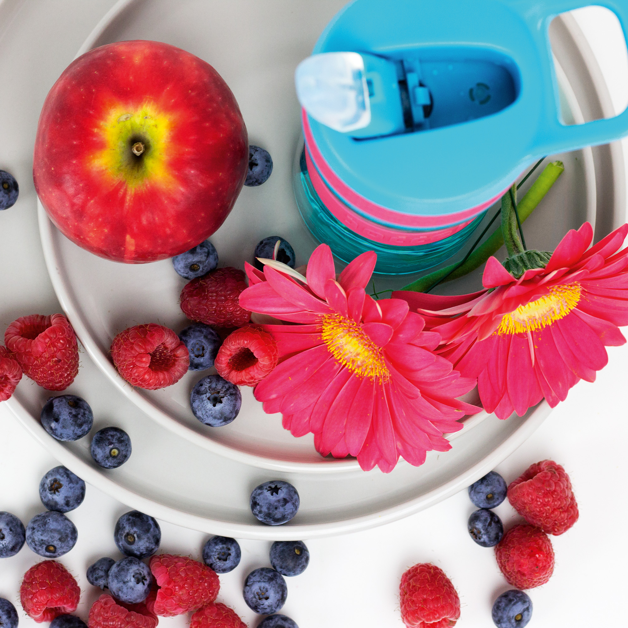 Das Foto zeigt die Boddels EEN Trinkflasche von oben, drum herum sind bunte Blumen, und unterschiedliche Obstsorten drapiert.