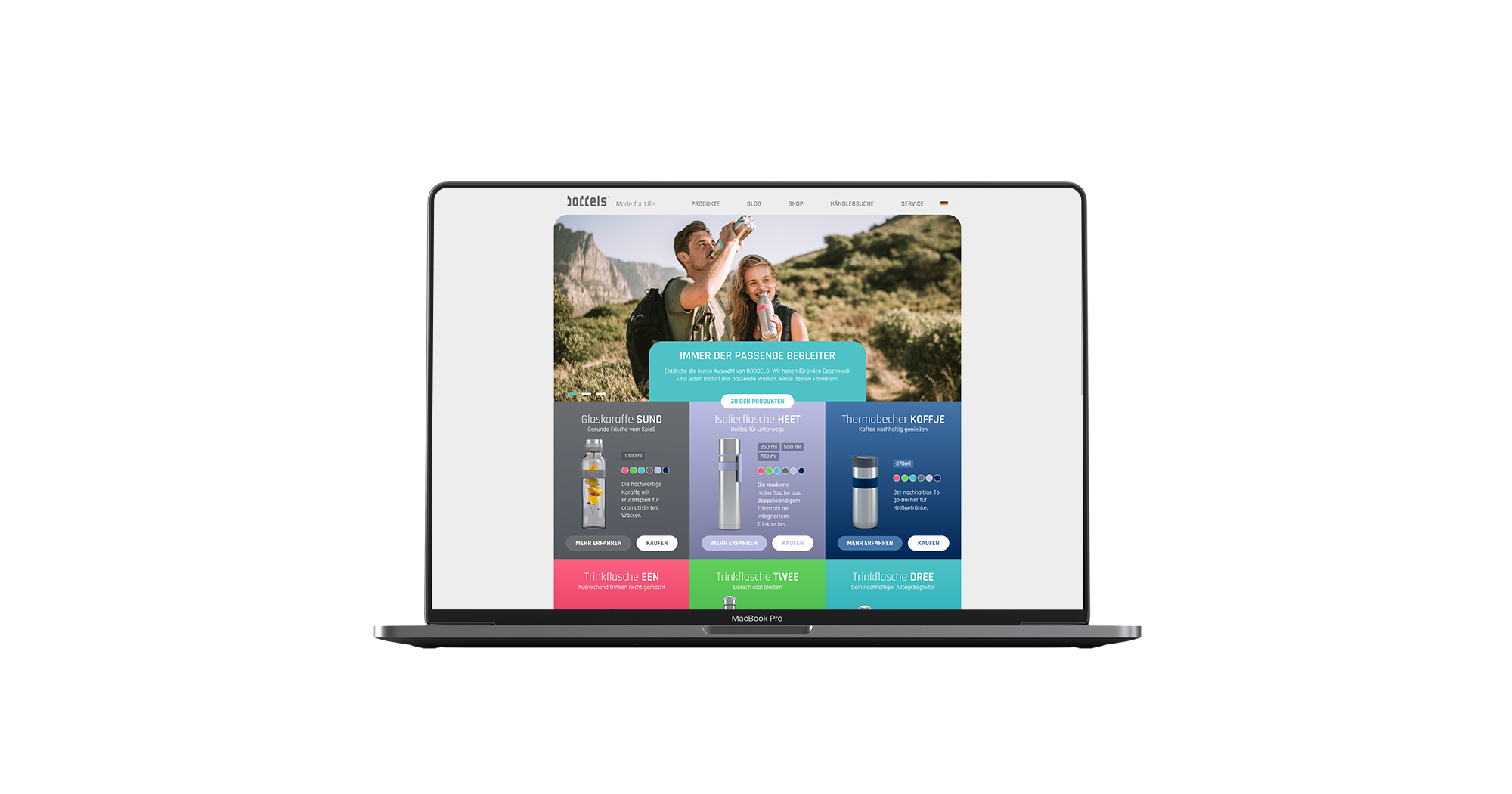 Das Bild zeigt einen Laptop mit einem Ausschnitt aus der Website von Boddels. Man erkennt zuoberst ein Bild mit Menschen in der Natur, darunter bunte Kacheln mit den einzelnen Produkten.
