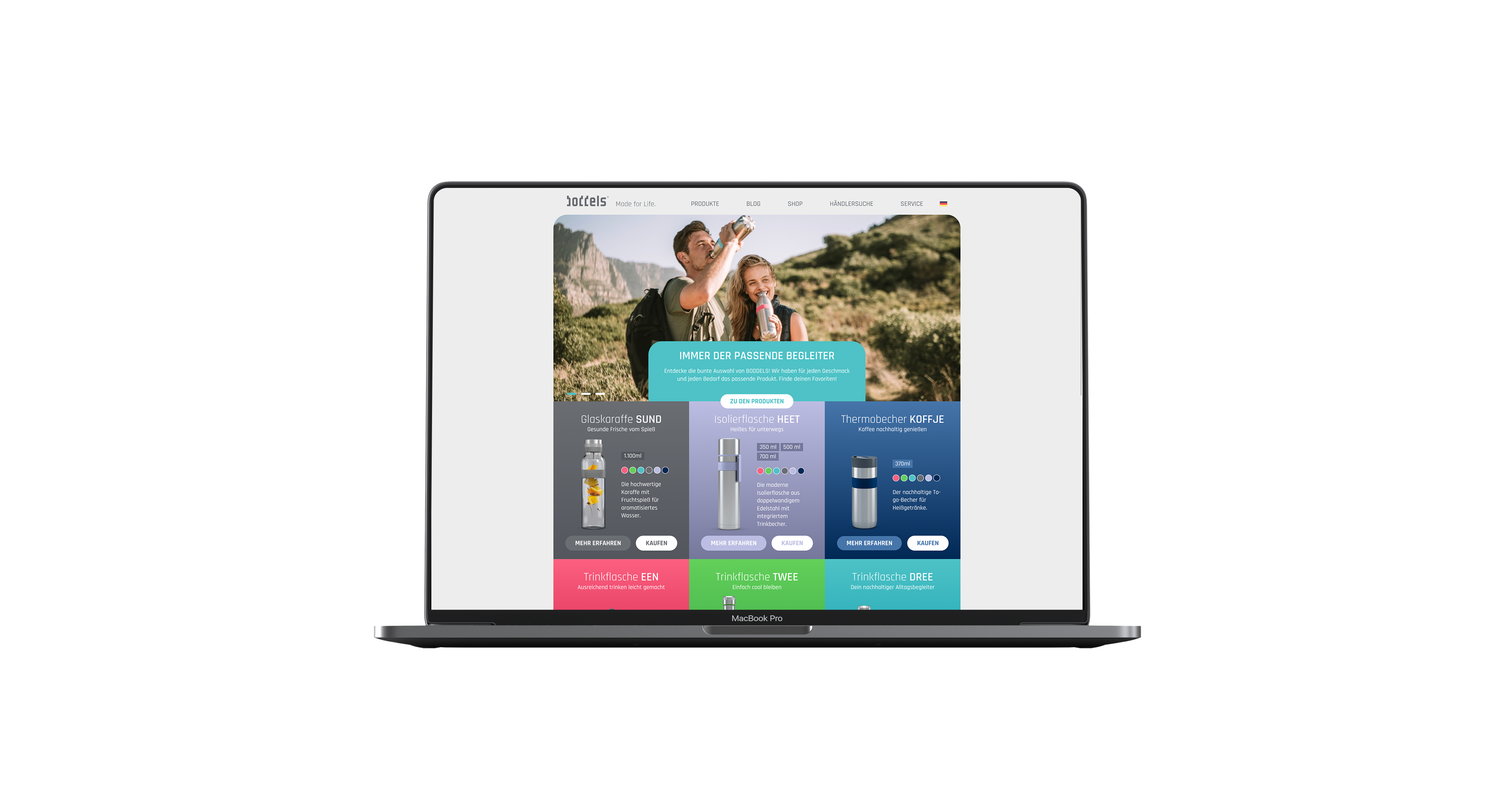 Das Bild zeigt einen Laptop mit einem Ausschnitt aus der Website von Boddels. Man erkennt zuoberst ein Bild mit Menschen in der Natur, darunter bunte Kacheln mit den einzelnen Produkten.