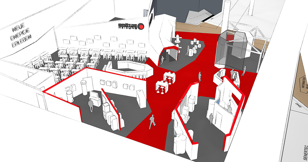 Das Bild zeigt eine Übersicht über den Messestand von BRÖTJE als Konzeptskizze von oben.