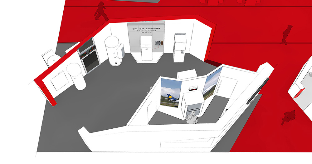 Das Bild zeigt einen Ausschnitt des Messestands von BRÖTJE als Konzeptskizze von schräg oben. Man sieht mehrere Heizkessel und Wärmepumpen.