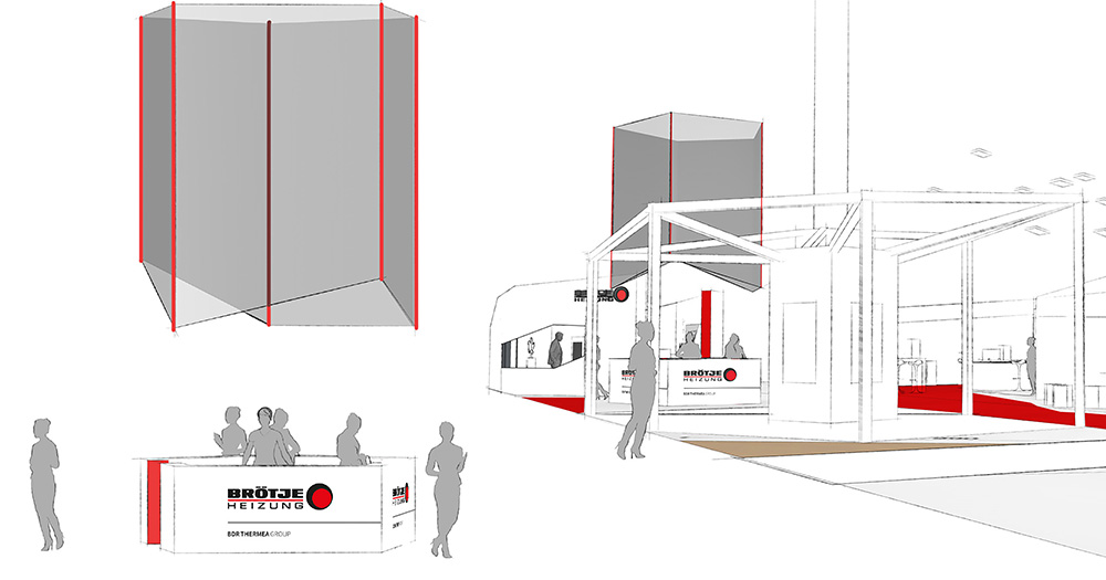 Das Bild zeigt einen Ausschnitt des Messestands von BRÖTJE als Konzeptskizze. Man sieht den Infostand.