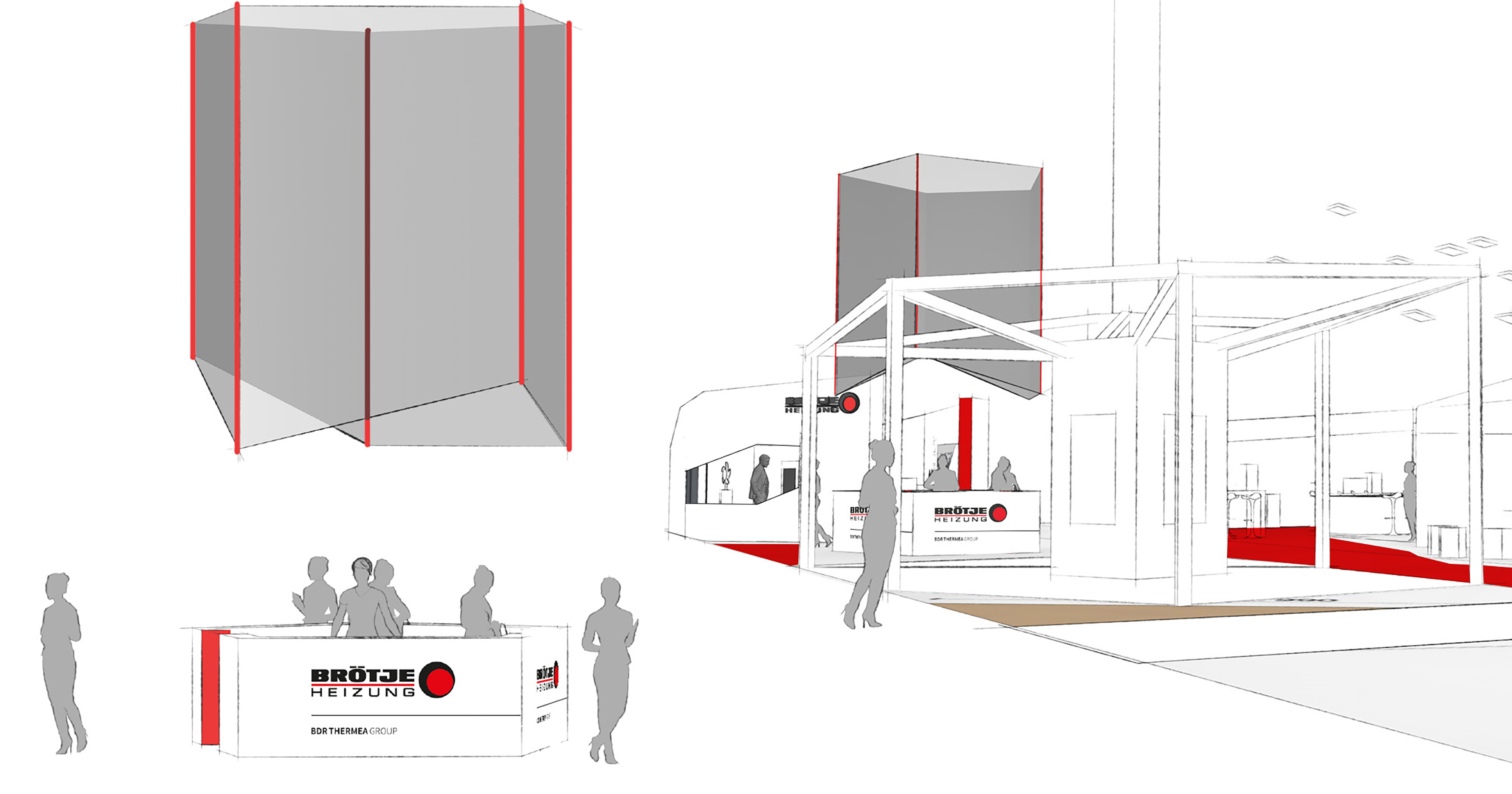 Das Bild zeigt einen Ausschnitt des Messestands von BRÖTJE als Konzeptskizze. Man sieht den Infostand.