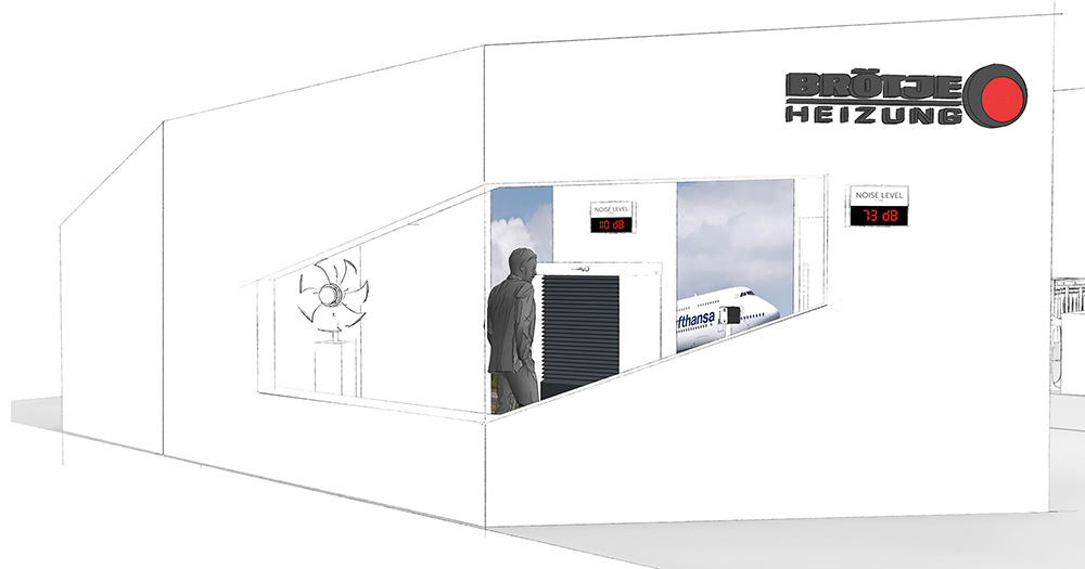 Das Bild zeigt einen Ausschnitt des Messestands von BRÖTJE als Konzeptskizze. Man sieht den „Room auf silence“ von außen.
