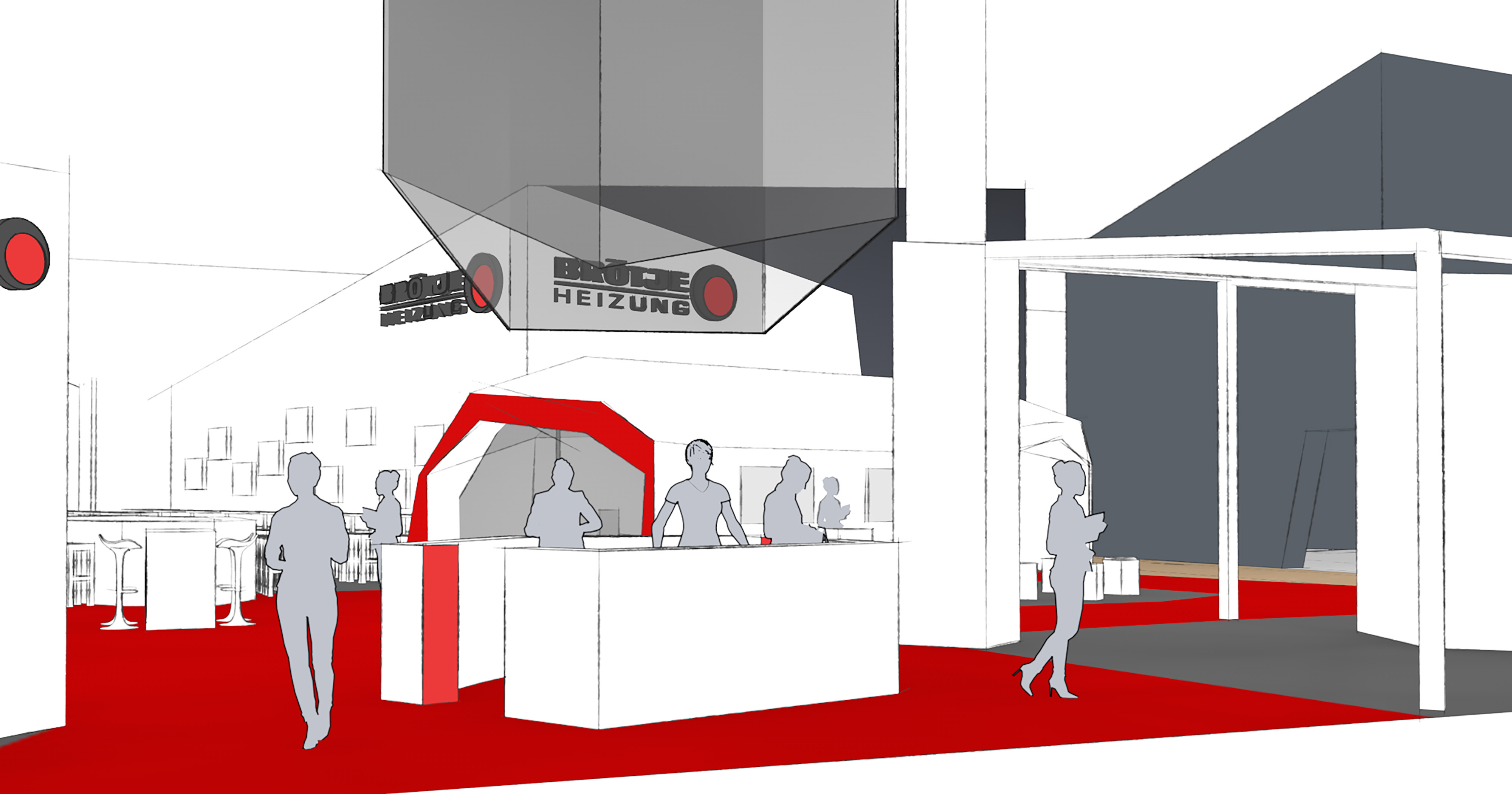 Das Bild zeigt den Messestand von BRÖTJE als Konzeptskizze. Hier die Perspektive von außen auf den Stand mit Blick auf Infostand und „Walk of History“.