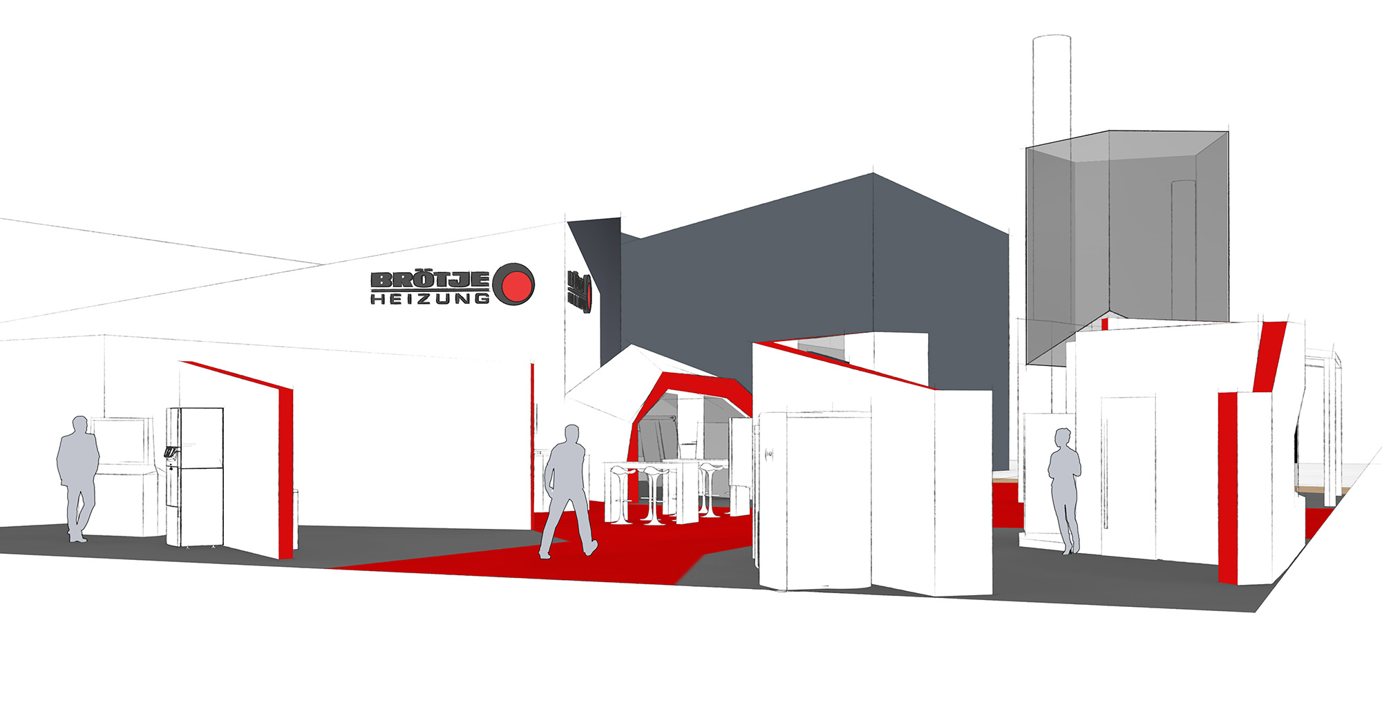 Das Bild zeigt den Messestand von BRÖTJE als Konzeptskizze. Hier die Perspektive von außen auf den Stand mit Blick auf Exponate von BRÖTJE.