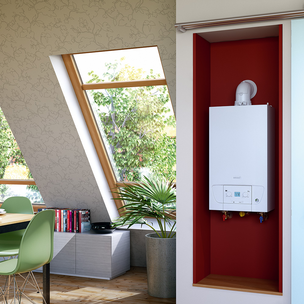 Das Bild zeigt ein wandhängendes Gerät von BRÖTJE vor einer roten Wand im Dachgeschoss, im Anschnitt ein Tisch mit Stühlen und ein Regal.