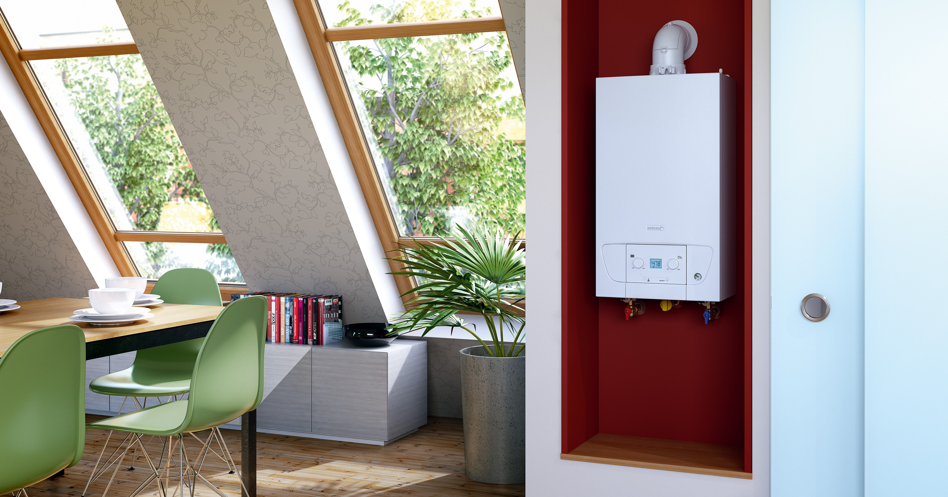 Das Bild zeigt ein wandhängendes Gerät von BRÖTJE vor einer roten Wand im Dachgeschoss, im Anschnitt ein Tisch mit Stühlen und ein Regal.