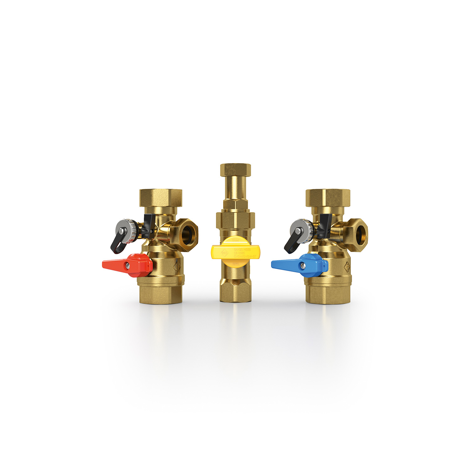 Das Bild zeigt drei unterschiedliche Rohrverbindungskomponenten mit Ventilen.