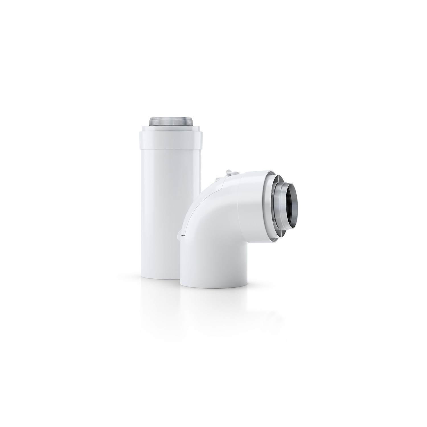 Das Bild zeigt zwei unterschiedliche weiße Rohrkomponenten eine ist gerade, eine gekrümmt.