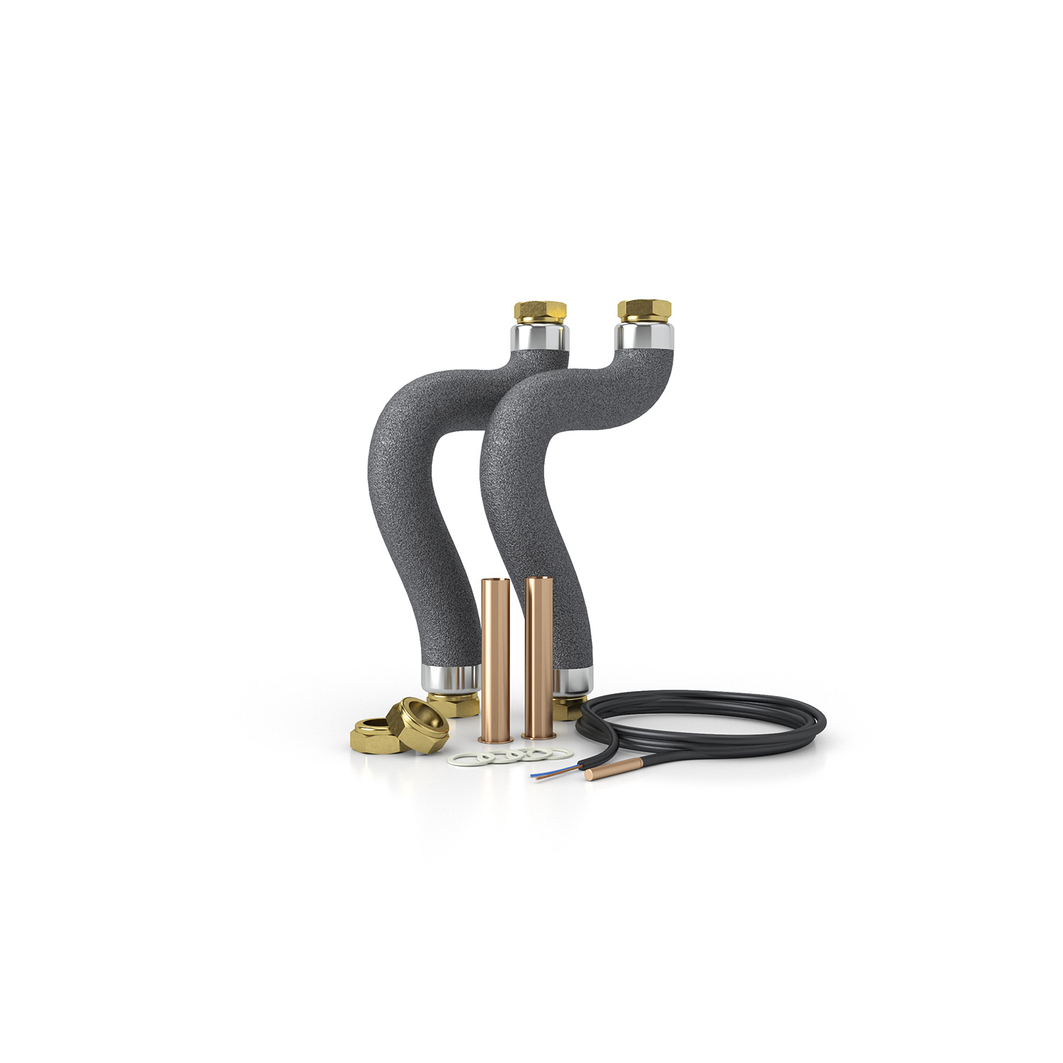 Das Bild zeigt zwei schaumstoffummantelte, gekrümmte Rohre nebst Zubehörteilen.