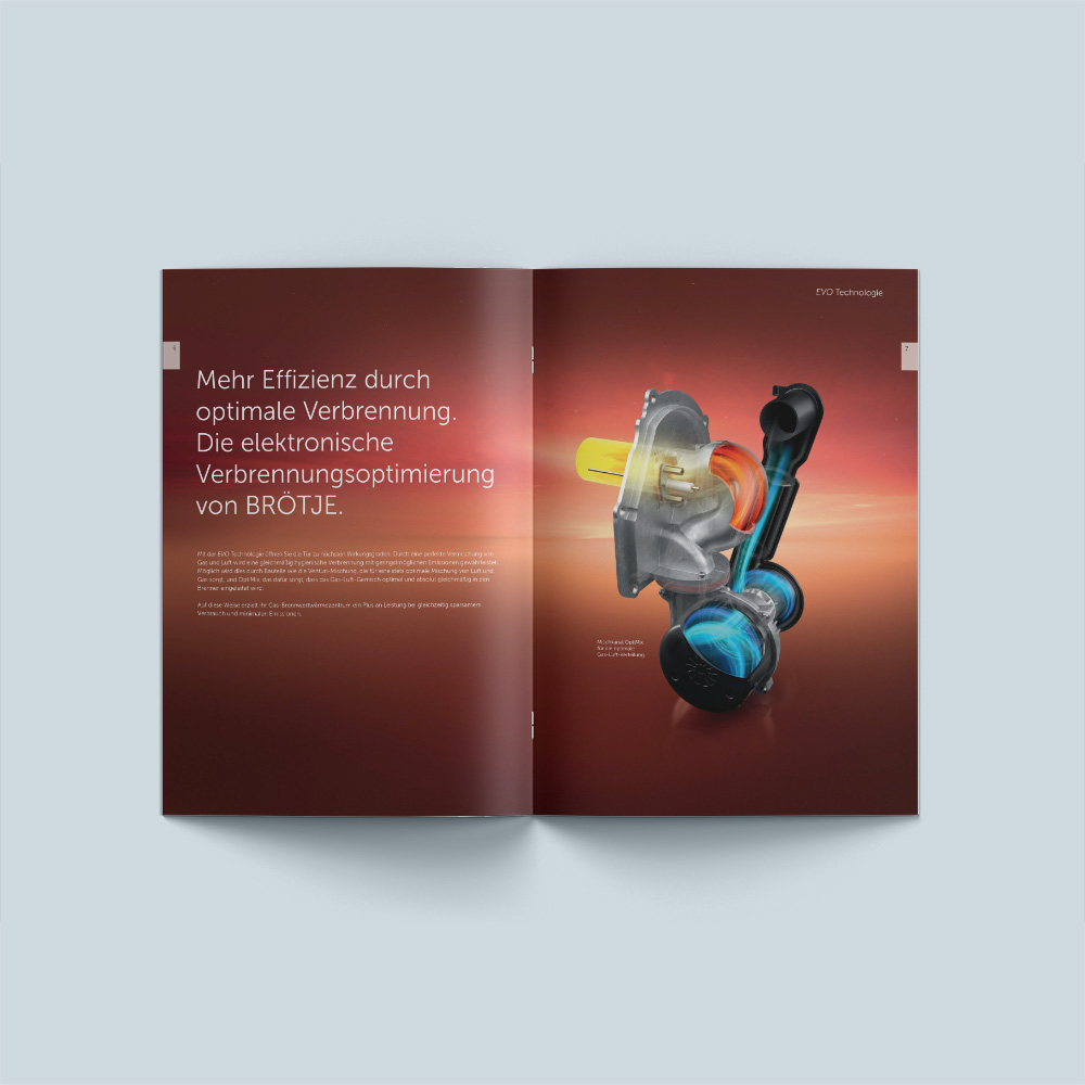 Das Bild zeigt eine Doppelseite eines Katalogs von BRÖTJE zur EVO Technologie mit der Überschrift: „Mehr Effizienz durch optimale Verbrennung. Die elektronische Verbrennungsoptimierung von BRÖTJE“.