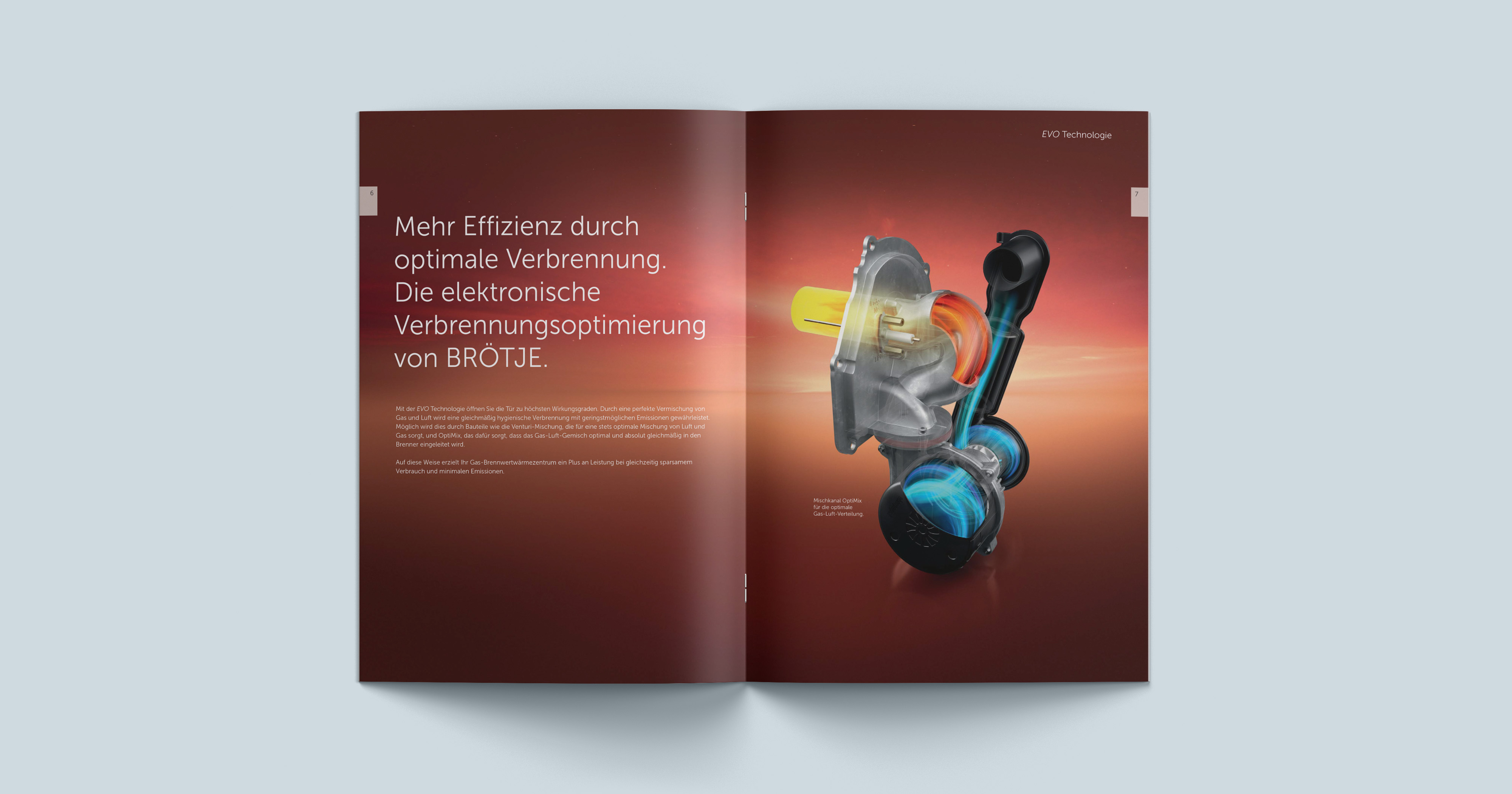 Das Bild zeigt eine Doppelseite eines Katalogs von BRÖTJE zur EVO Technologie mit der Überschrift: „Mehr Effizienz durch optimale Verbrennung. Die elektronische Verbrennungsoptimierung von BRÖTJE“.