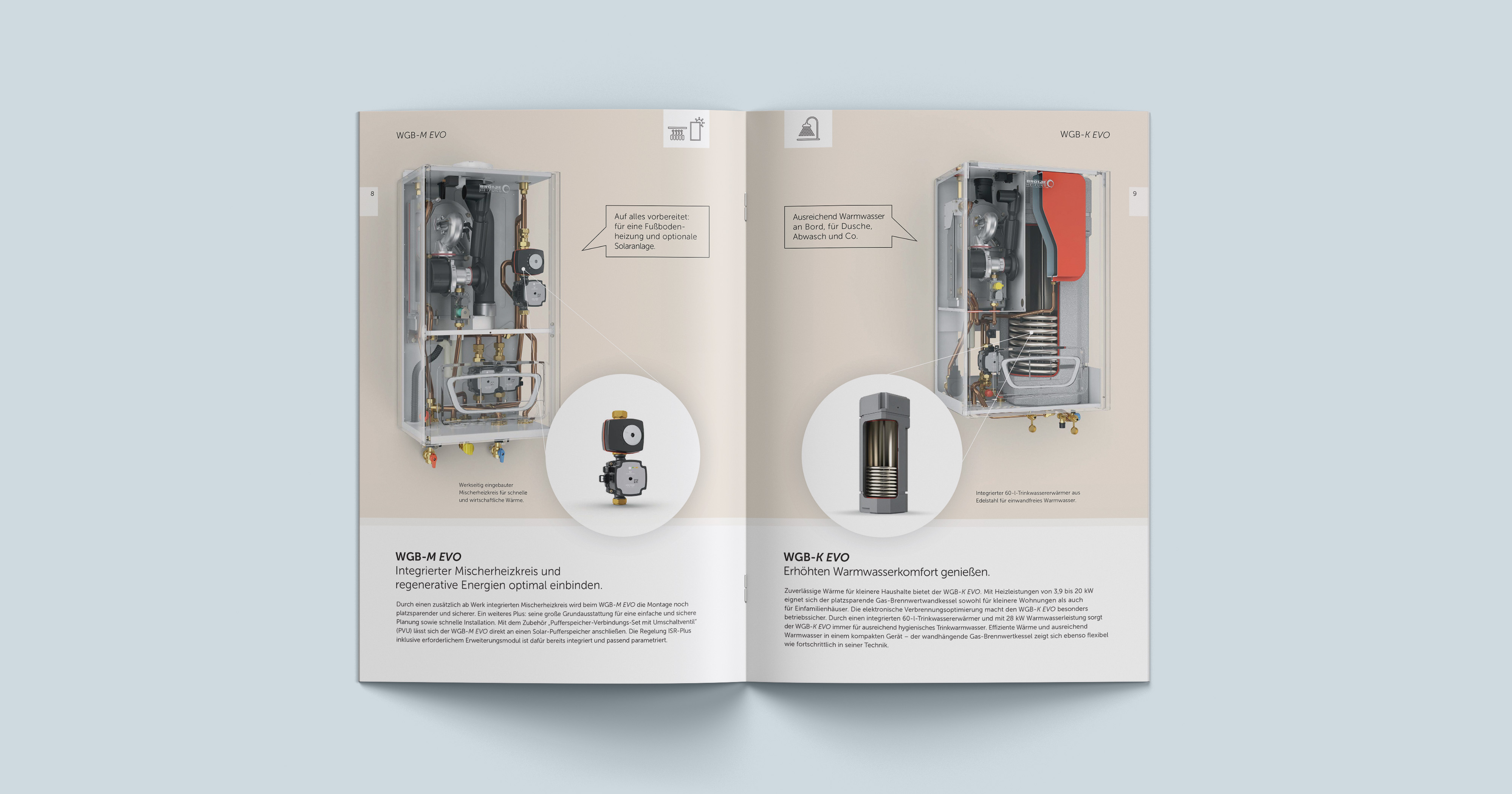 Das Bild zeigt eine Doppelseite des Katalogs zum BRÖTJE WGB. Man sieht 3D Renderings der Geräte WGB-M EVO und WGB-K EVO mit Detailansichten.