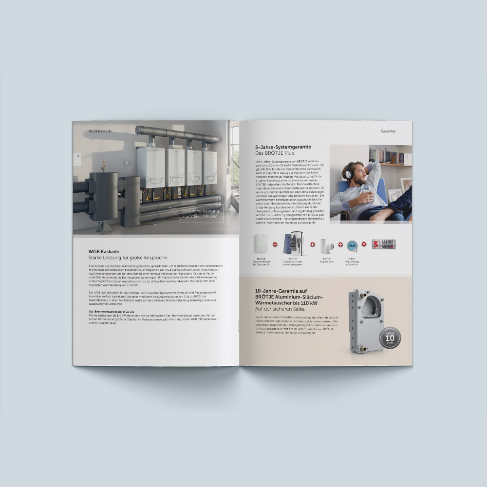 Das Bild zeigt eine Doppelseite eines Katalogs von BRÖTJE zu den Themen „WGB Kaskaden“ und „Garantie“.