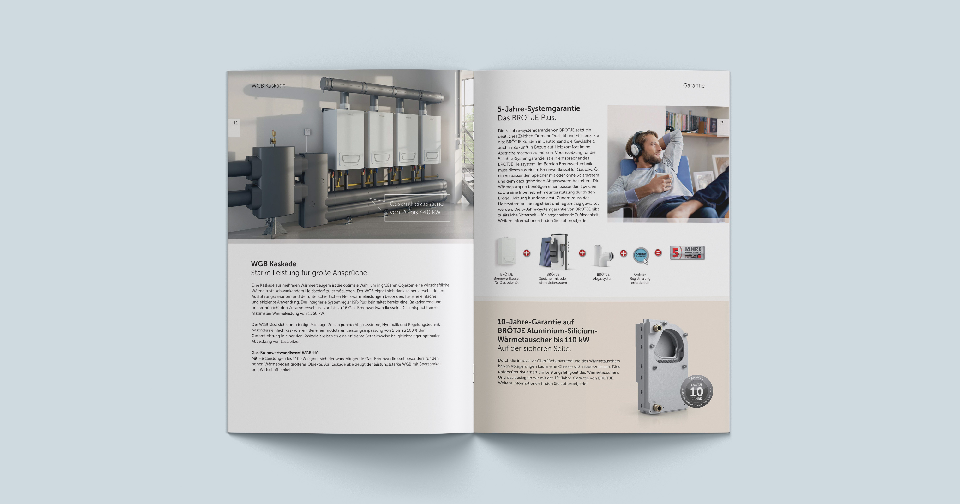 Das Bild zeigt eine Doppelseite eines Katalogs von BRÖTJE zu den Themen „WGB Kaskaden“ und „Garantie“.
