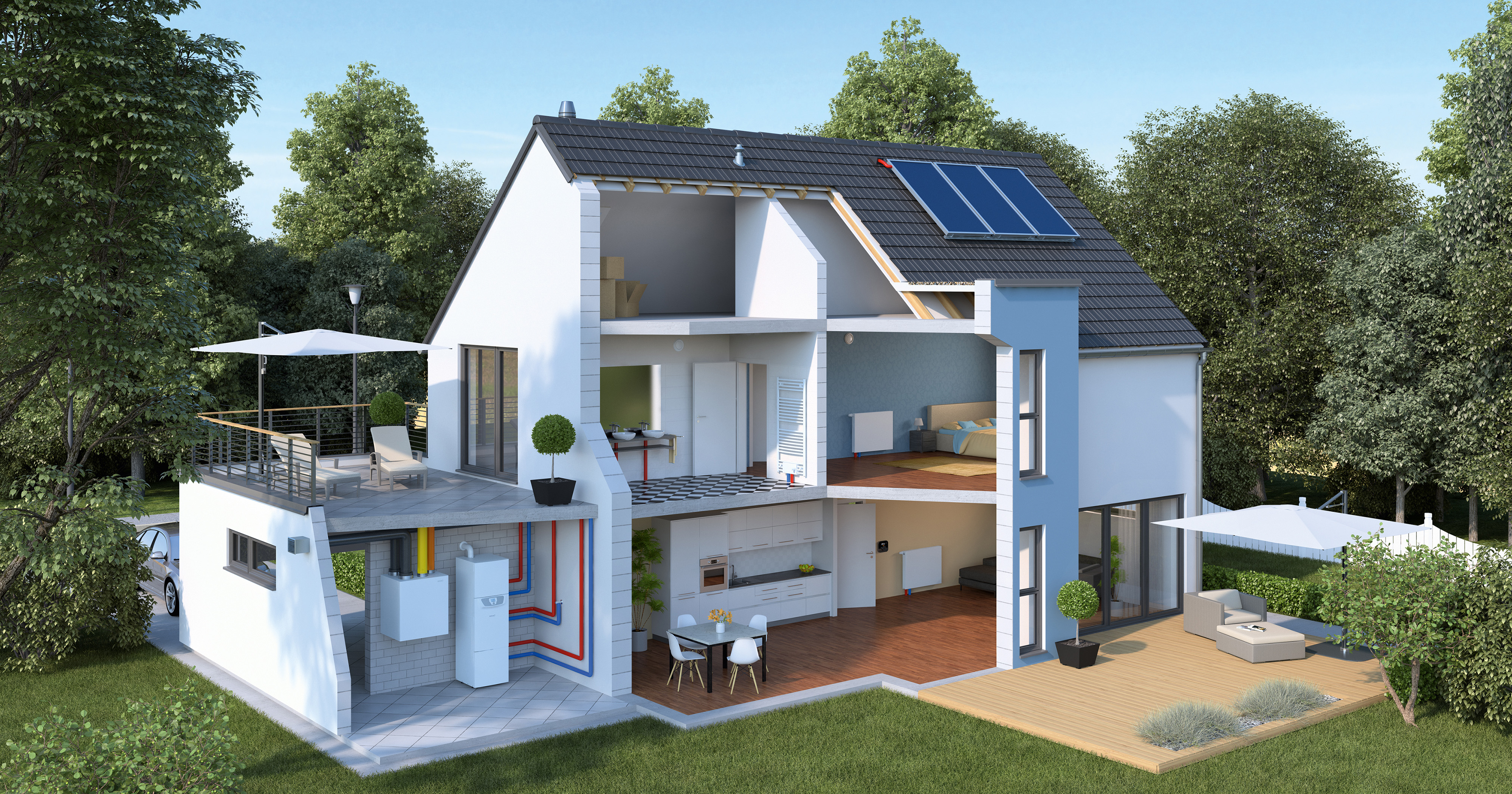 Das Bild zeigt ein 3D Rendering eines Einfamilienhauses im Anschnitt. Im Haus erkennt man, wie unterschiedliche Geräte von BRÖTJE miteinander verbunden sind.