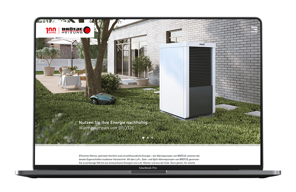 Das Bild zeigt einen Ausschnitt des Webauftritts von BRÖTJE zu den Wärmepumpen auf einem Laptop. Man sieht die Stage mit dem Produkt im entsprechenden Milieu.