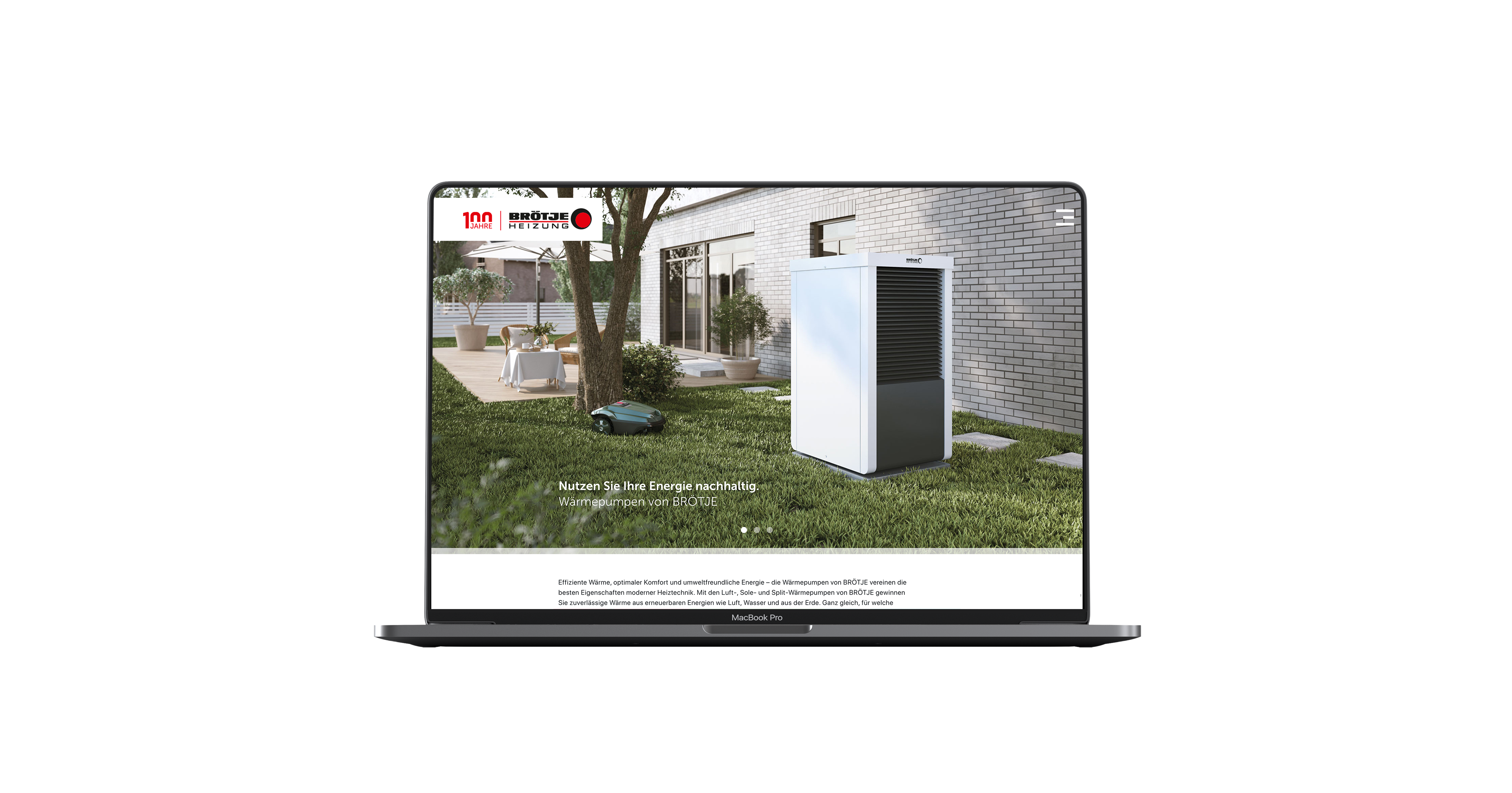 Das Bild zeigt einen Ausschnitt des Webauftritts von BRÖTJE zu den Wärmepumpen auf einem Laptop. Man sieht die Stage mit dem Produkt im entsprechenden Milieu.