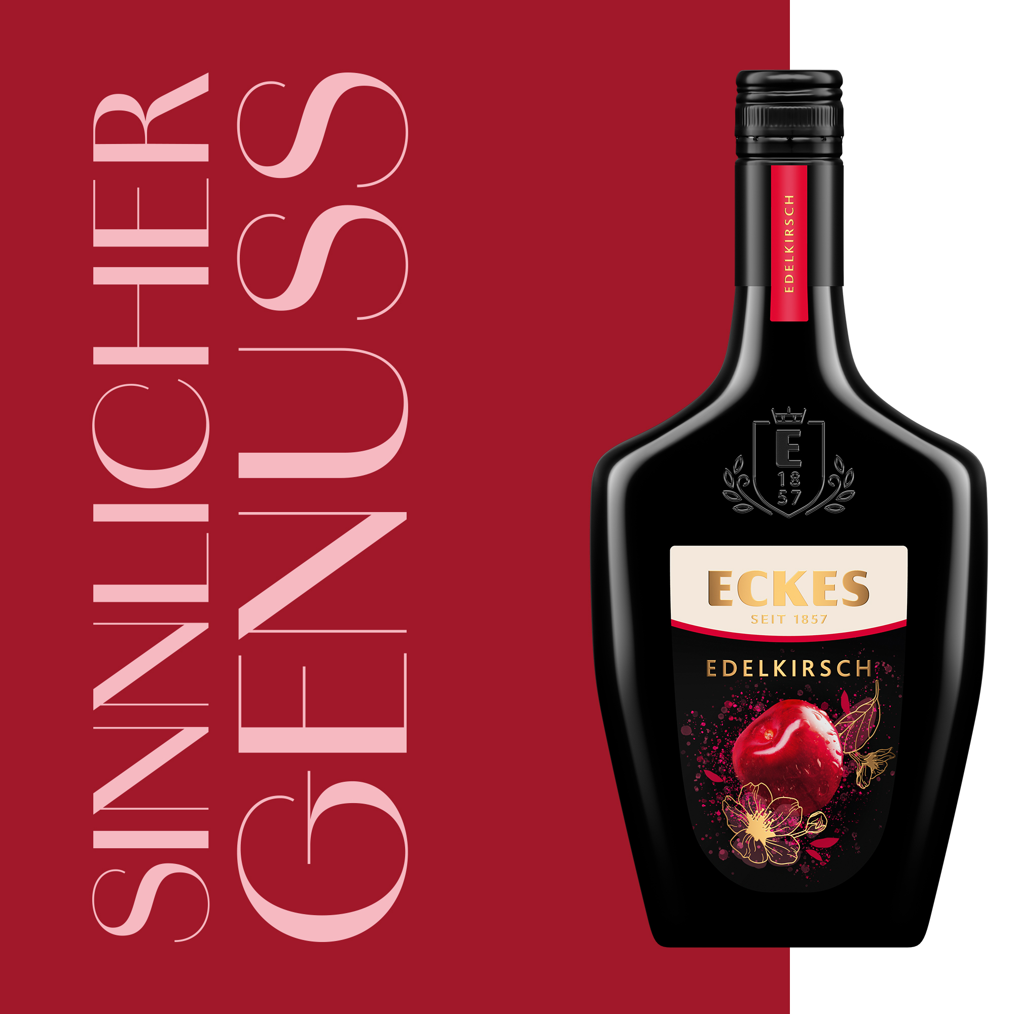 ECKES Edelkirsch Flasche vor einem roten Hintergrund mit dem Schriftzug "Sinnlicher Genuss" in eleganter, rosa Schrift