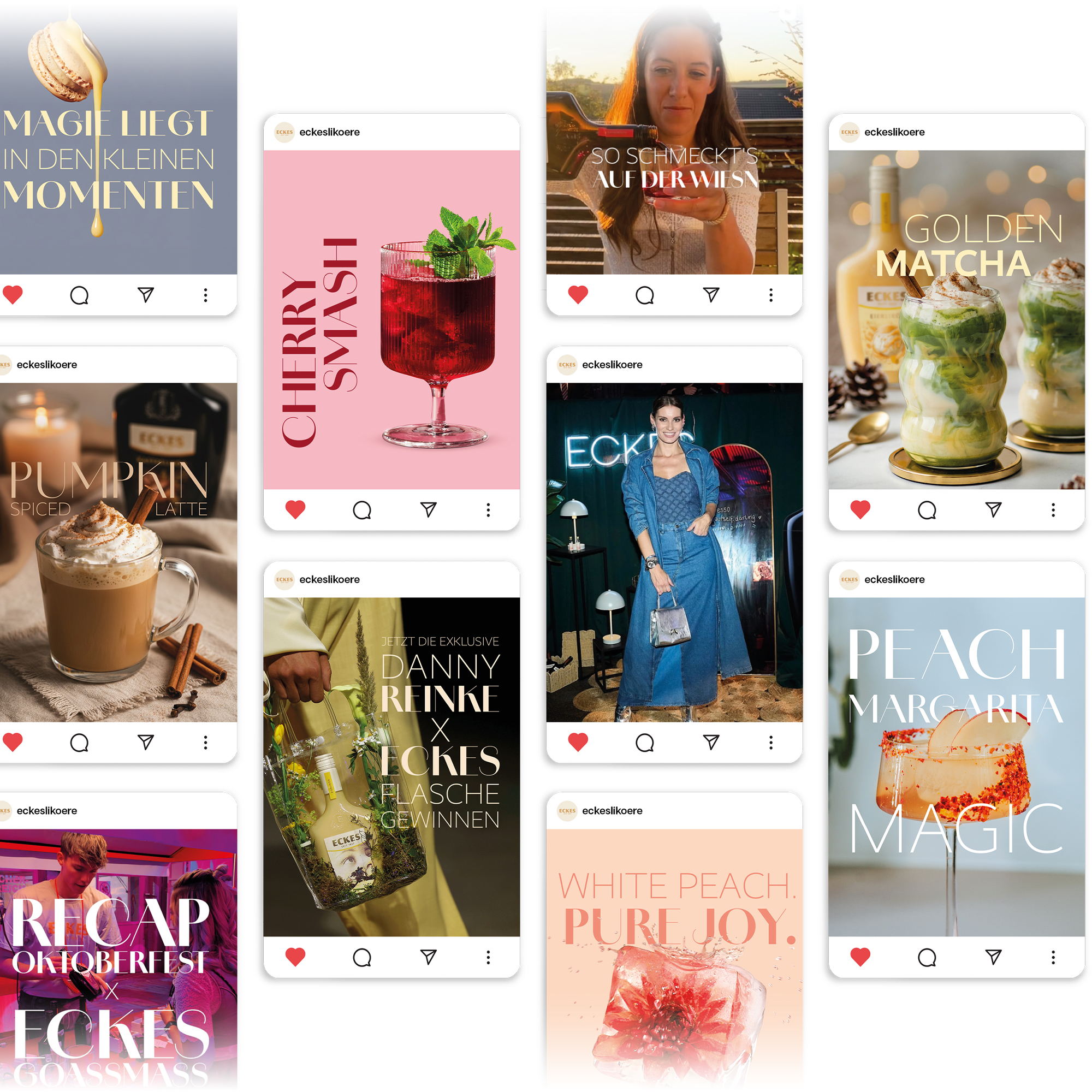 Social-Media-Posts mit Rezeptideen, Produktinszenierungen, Creator-Kooperationen und Eventeinblicken von ECKES in einer Instagram-Ansicht. Die Motive zeigen unterschiedliche Inhalte rund um Drinks, Genussmomente und Markenaktivierungen auf Instagram. Die Darstellung veranschaulicht die Umsetzung der neuen Markenwelt und der Leitidee „Magic of Everyday Life“ auf dem Instagram Account von ECKES.