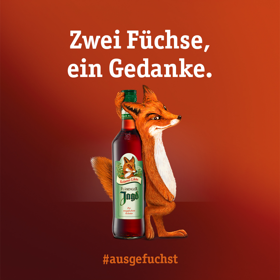 Illustrierter Fuchs mit einer Flasche Fläminger Jagd