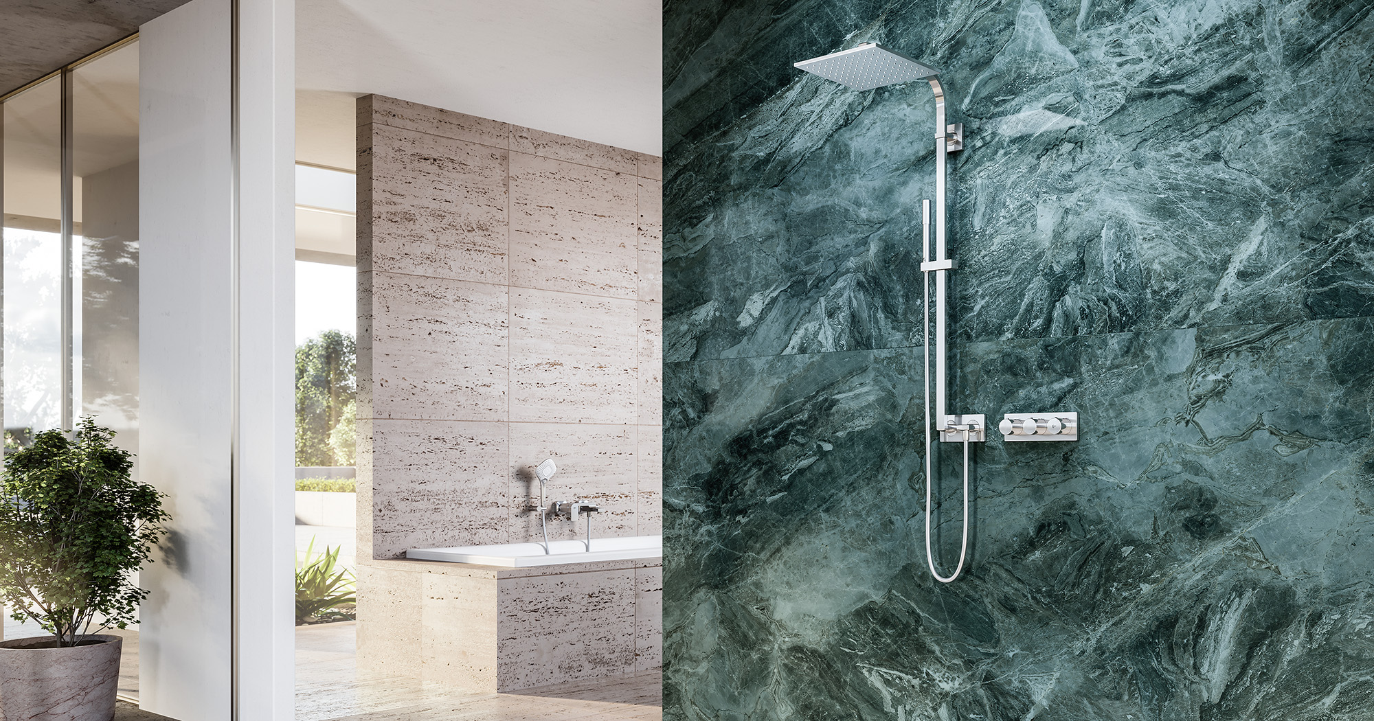 Das Bild zeigt ein modernes, helles Badezimmer als 3D Rendering. Im Hintergrund eine großzügige Wanne, im Vordergrund eine barrierefreie Regendusche mit dunkelgrünen Marmorfließen.