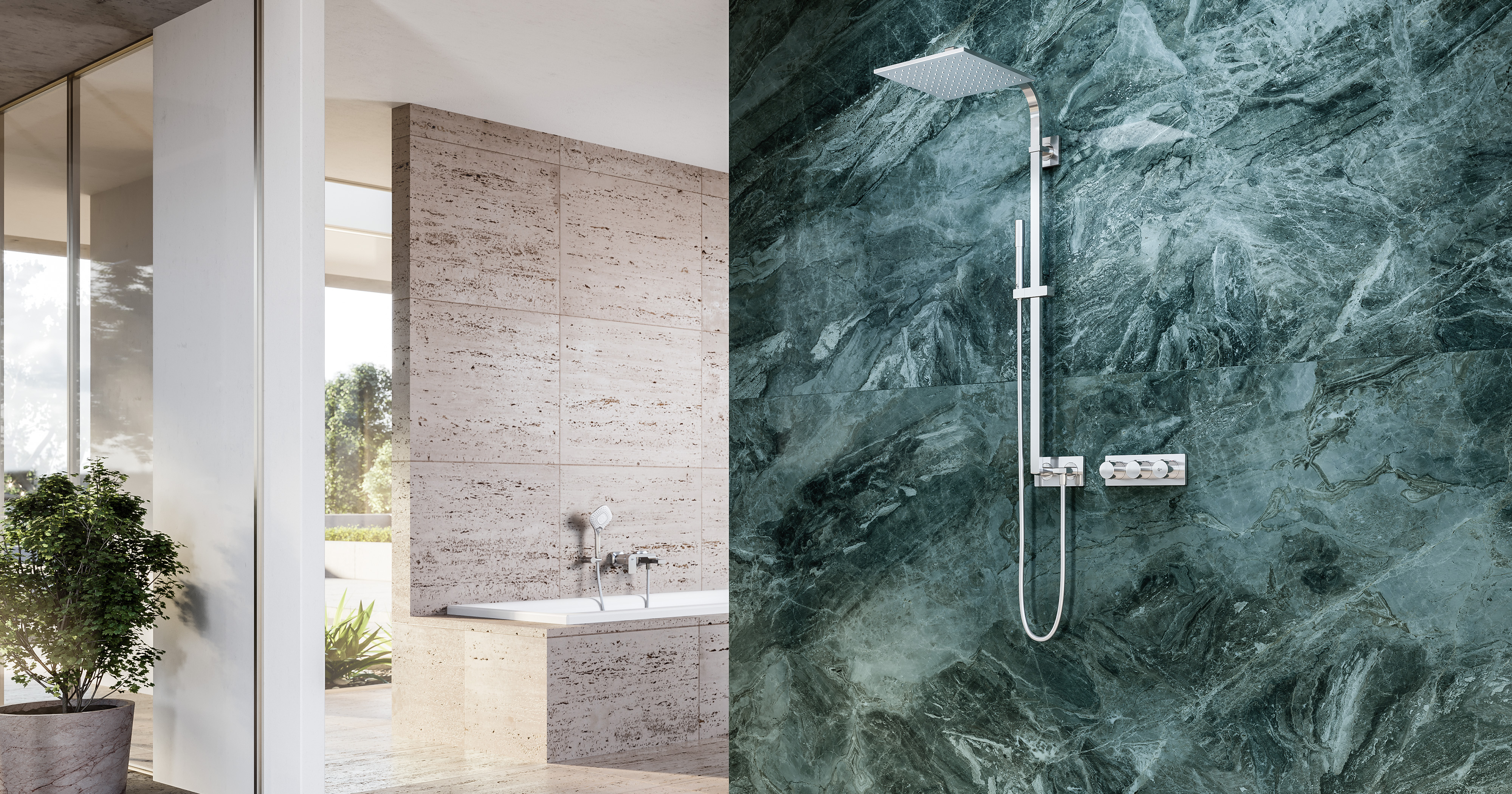 Das Bild zeigt ein modernes, helles Badezimmer als 3D Rendering. Im Hintergrund eine großzügige Wanne, im Vordergrund eine barrierefreie Regendusche mit dunkelgrünen Marmorfließen.