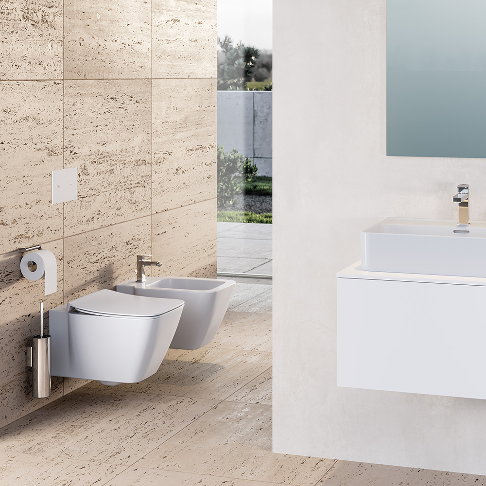 Das Bild zeigt ein modernes, helles Badezimmer als 3D Rendering. Im Hintergrund eine 
Toilette nebst Bidet vor bodentiefem Fenster, im Vordergrund ein Handwaschbecken.