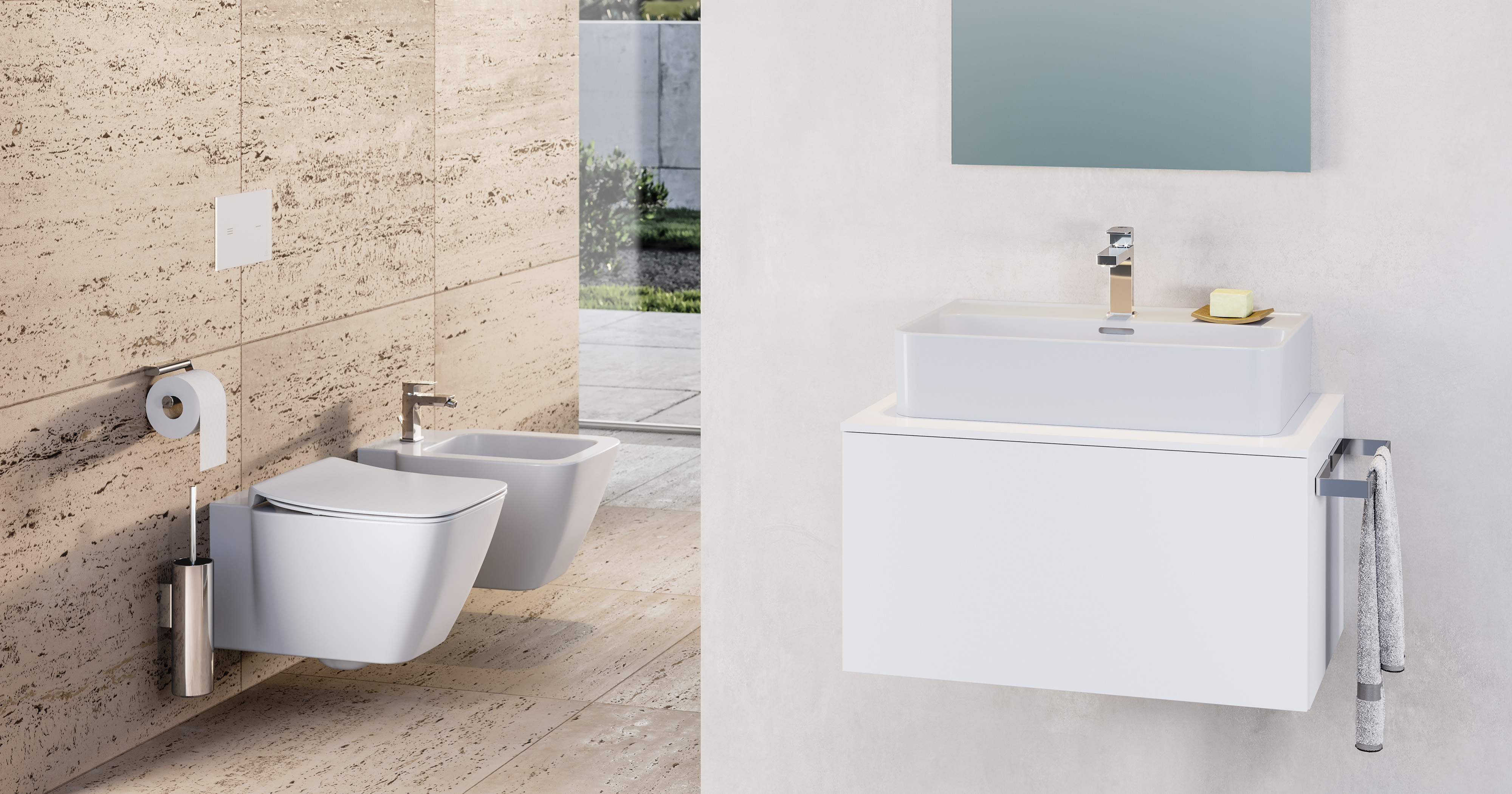 Das Bild zeigt ein modernes, helles Badezimmer als 3D Rendering. Im Hintergrund eine 
Toilette nebst Bidet vor bodentiefem Fenster, im Vordergrund ein Handwaschbecken.
