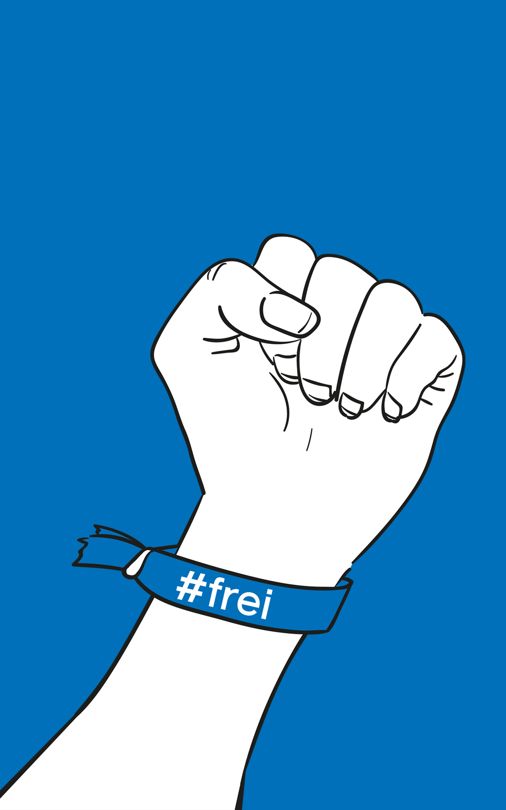 Das Bild zeigt eine Illustration mit einer weißen Hand zur Faust geballt, am Handgelenk ein blaues #frei Armband auf blauen Hintergrund.