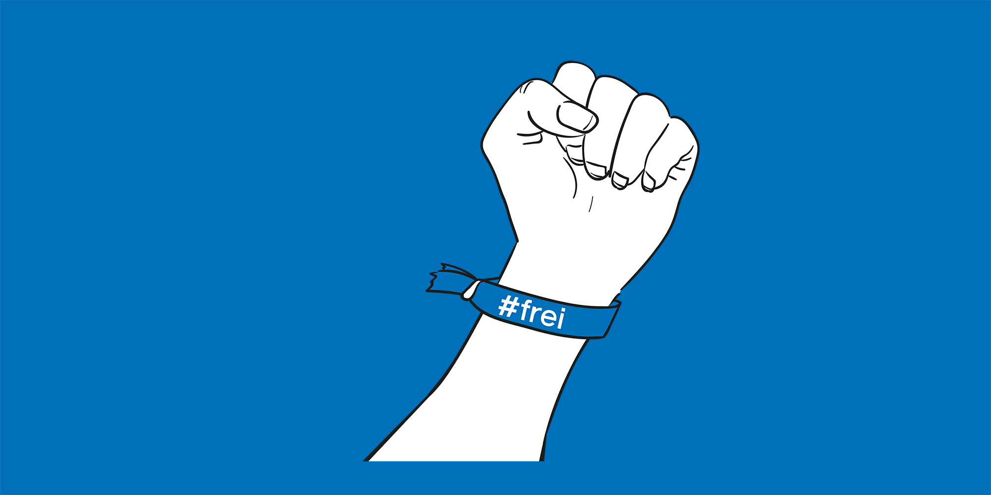 Das Bild zeigt eine Illustration mit einer weißen Hand zur Faust geballt, am Handgelenk ein blaues #frei Armband auf blauen Hintergrund.