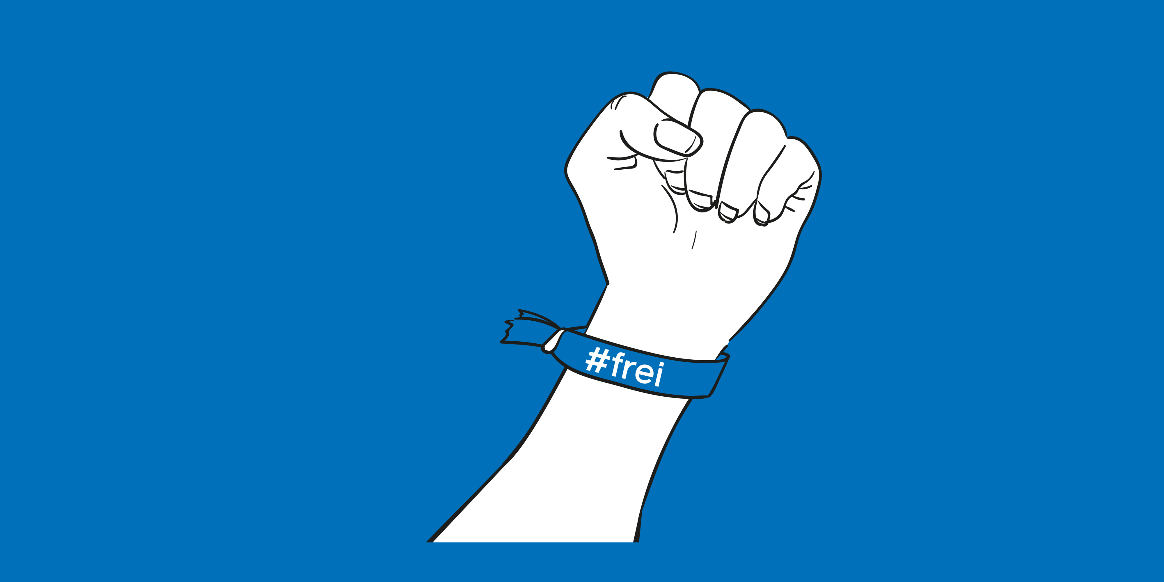 Das Bild zeigt eine Illustration mit einer weißen Hand zur Faust geballt, am Handgelenk ein blaues #frei Armband auf blauen Hintergrund.