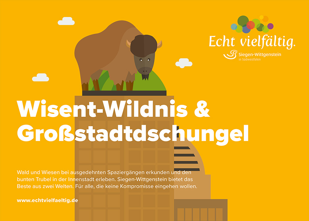 Das Bild zeigt eine Illustration auf gelbem Grund. Man sieht ein Wisent, das auf einem Hochhaus steht. Darüber die Überschrift in weiß: „Wisent-Wildnis und Großstadtdschungel“. Oben links in der Ecke das „Echt vielfältig“-Logo
