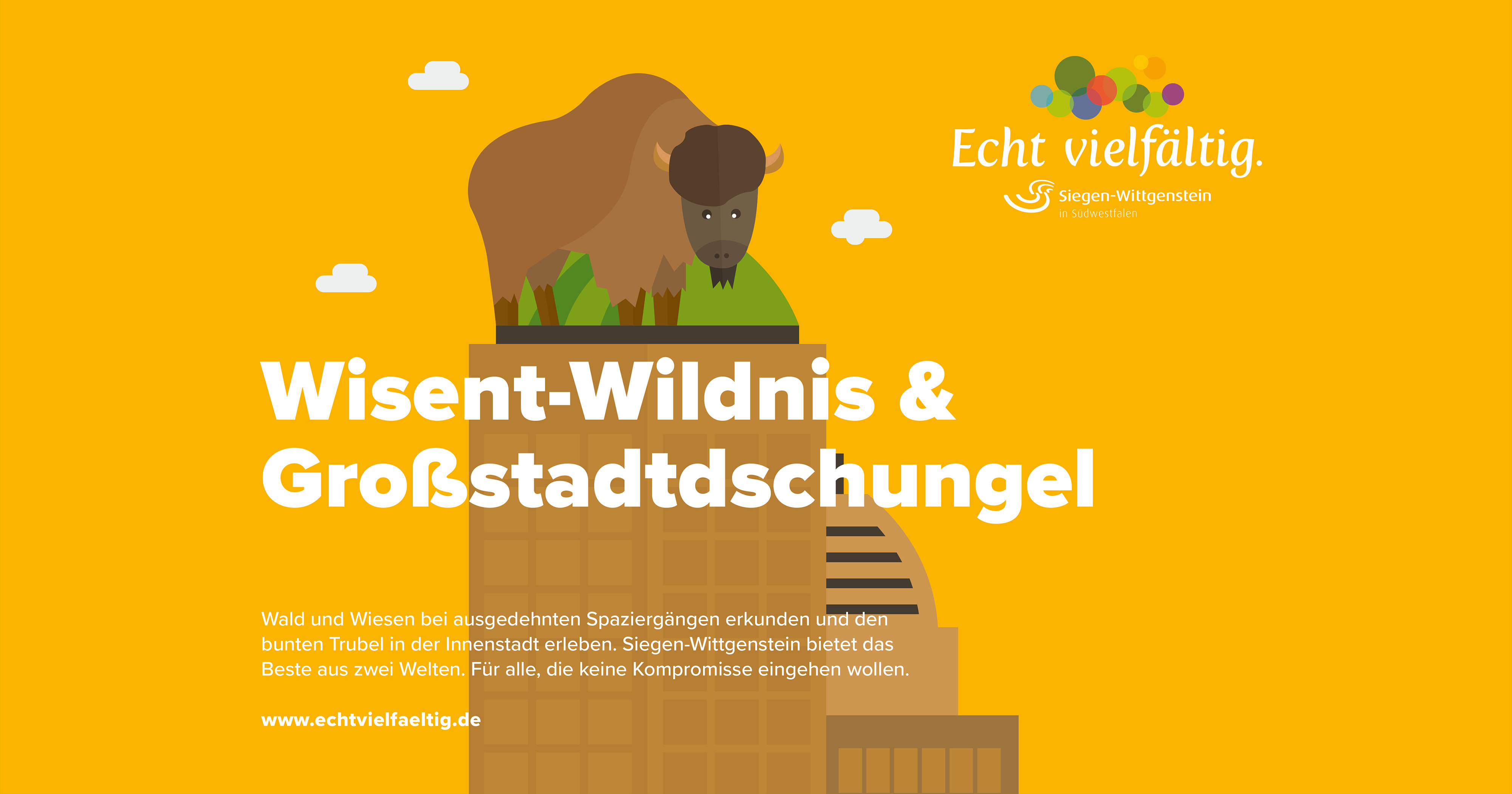 Das Bild zeigt eine Illustration auf gelbem Grund. Man sieht ein Wisent, das auf einem Hochhaus steht. Darüber die Überschrift in weiß: „Wisent-Wildnis und Großstadtdschungel“. Oben links in der Ecke das „Echt vielfältig“-Logo