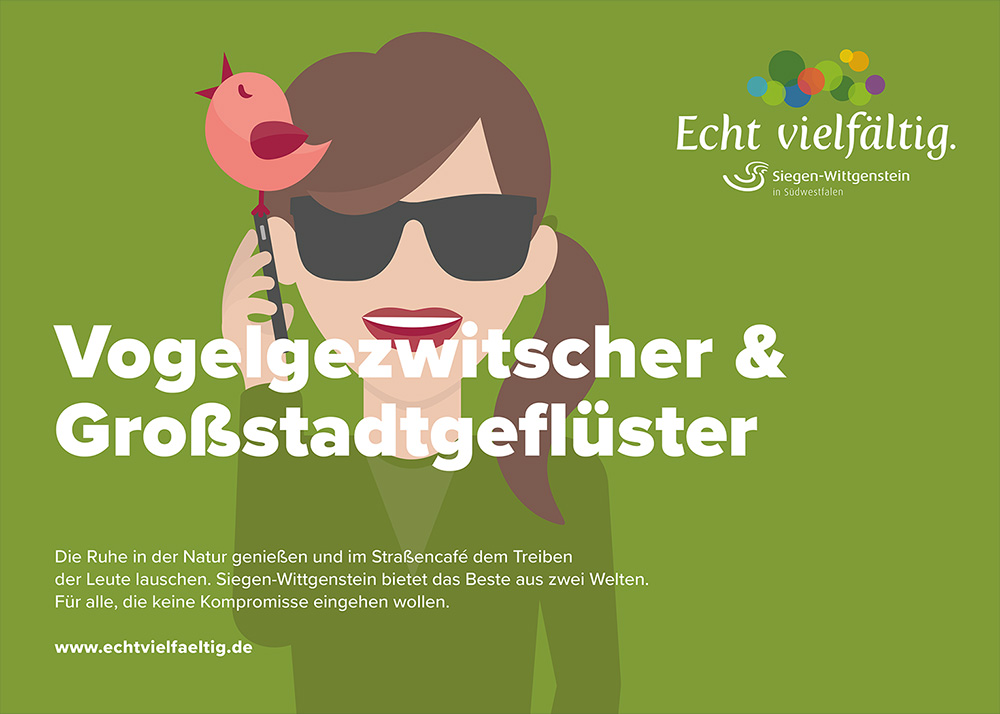 Das Bild zeigt eine Illustration auf grünem Grund. Man sieht eine Frau mit Sonnenbrille und Telefon am Ohr. Auf dem Telefon sitzt ein Vogel, der zu singen scheint. Darüber die Überschrift in weiß: „Vogelgezwitscher und Großstadtgeflüster“. Oben links in der Ecke das „Echt vielfältig“-Logo