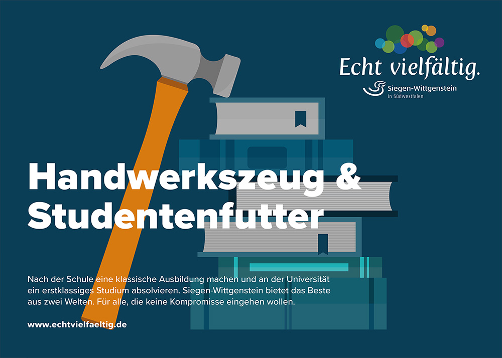 Das Bild zeigt eine Illustration auf dunkelblauem Grund. Man sieht einen Hammer, der an einem Stapel Büchern lehnt. Darüber die Überschrift in weiß: „Handwerkszeug und Studentenfutter“. Oben links in der Ecke das „Echt vielfältig“-Logo.